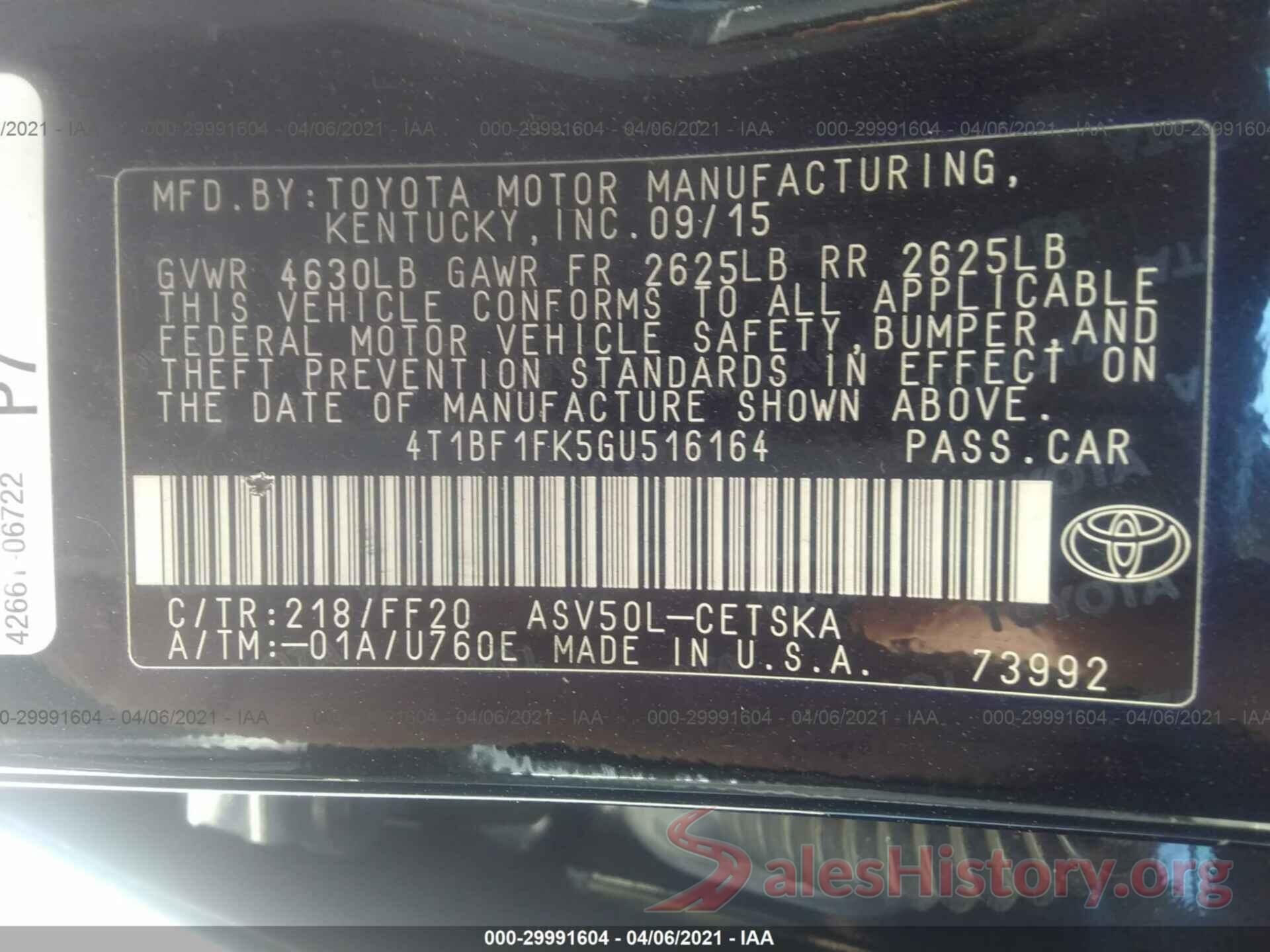 4T1BF1FK5GU516164 2016 TOYOTA CAMRY