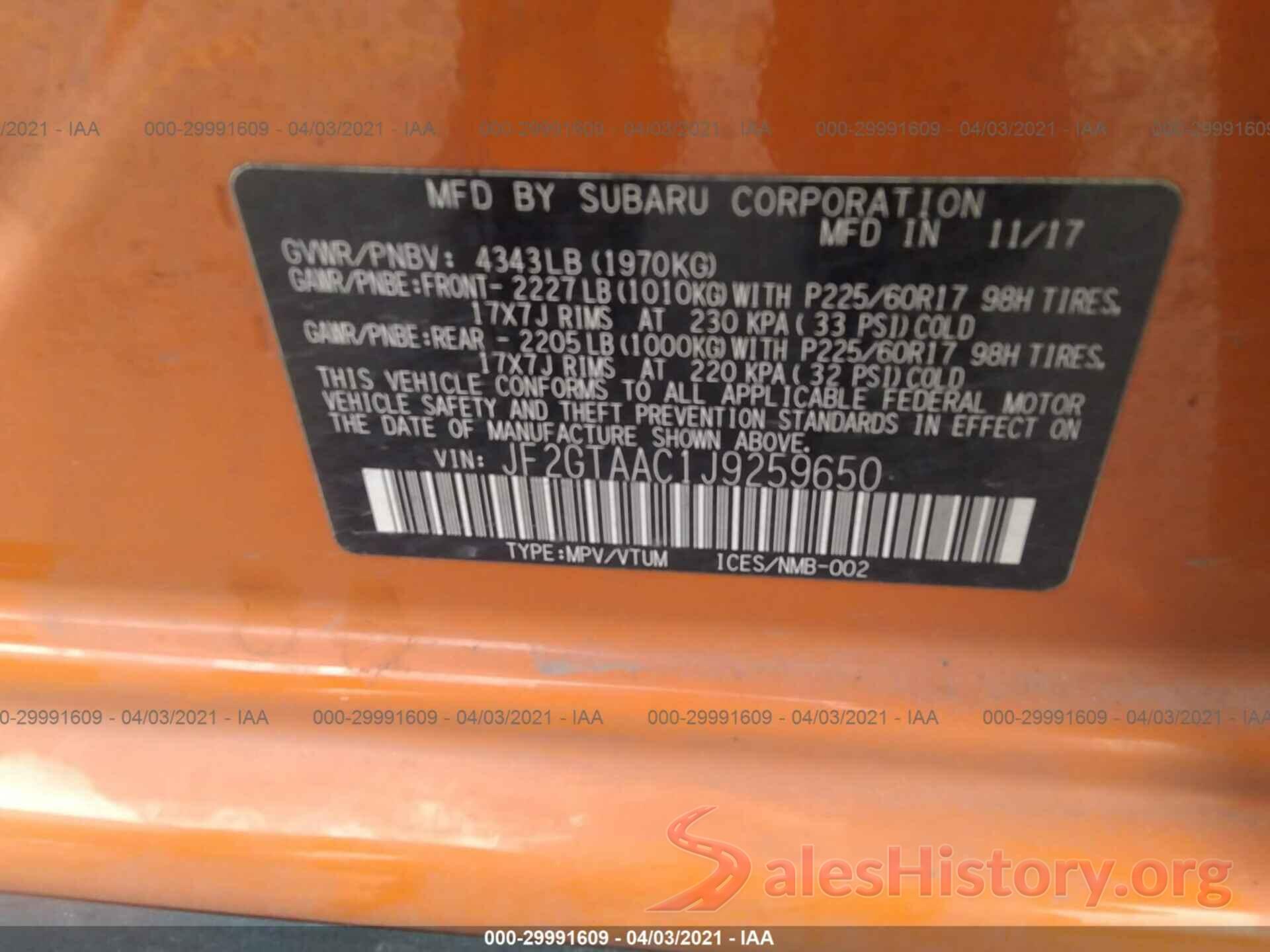 JF2GTAAC1J9259650 2018 SUBARU CROSSTREK