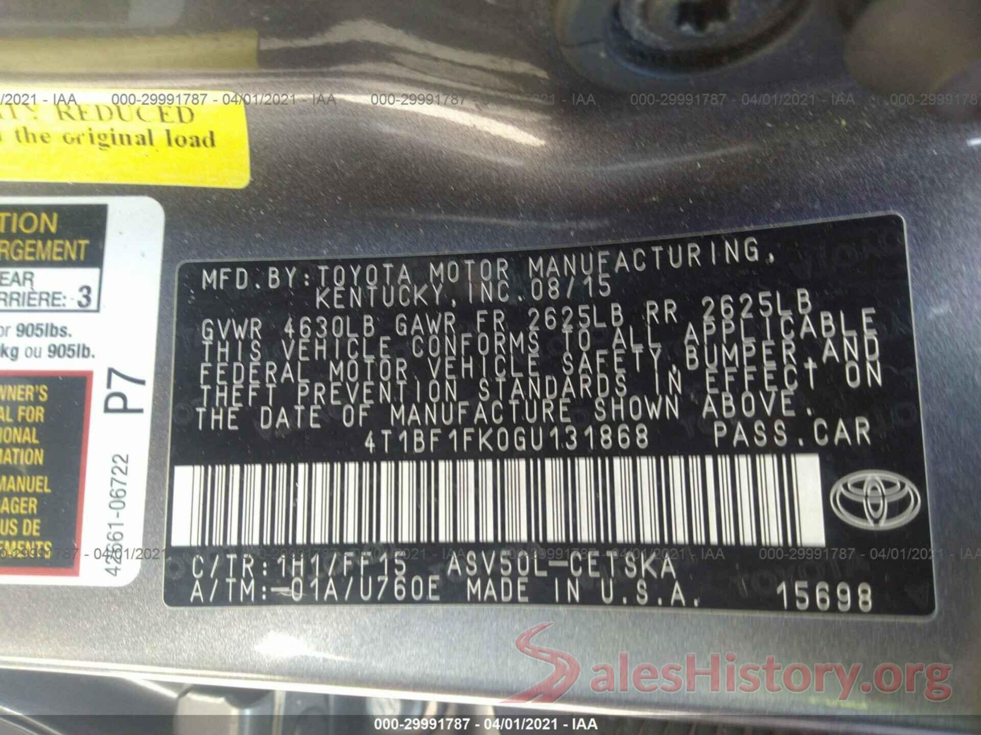 4T1BF1FK0GU131868 2016 TOYOTA CAMRY