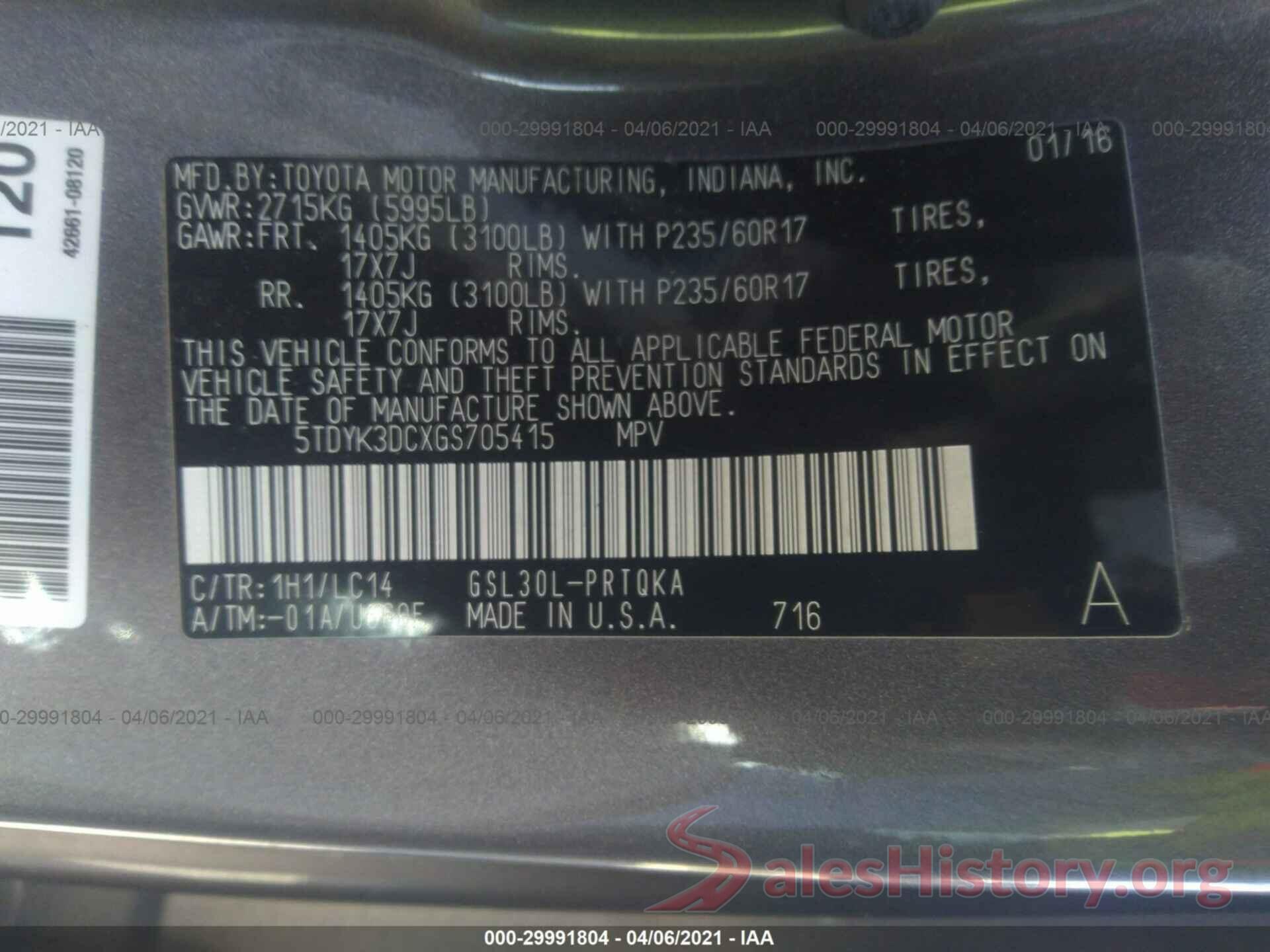 5TDYK3DCXGS705415 2016 TOYOTA SIENNA