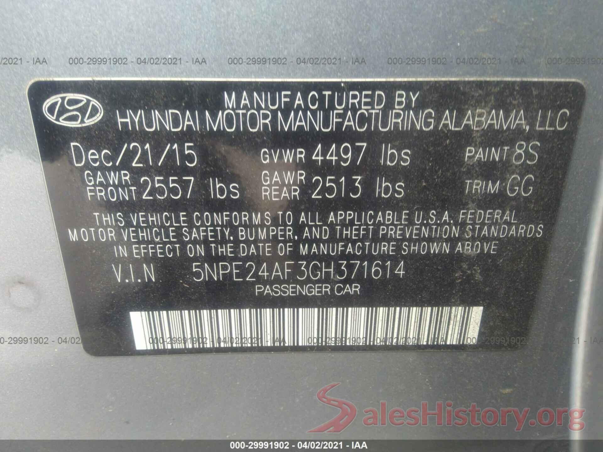 5NPE24AF3GH371614 2016 HYUNDAI SONATA