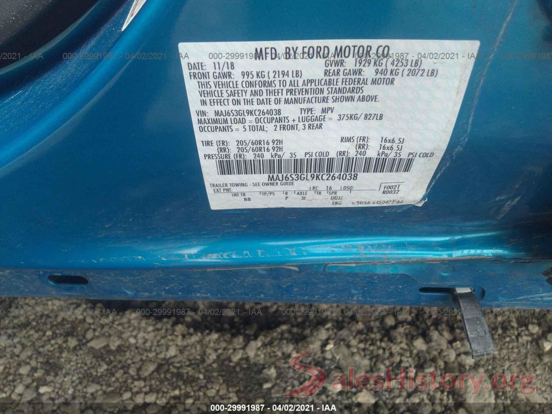 MAJ6S3GL9KC264038 2019 FORD ECOSPORT