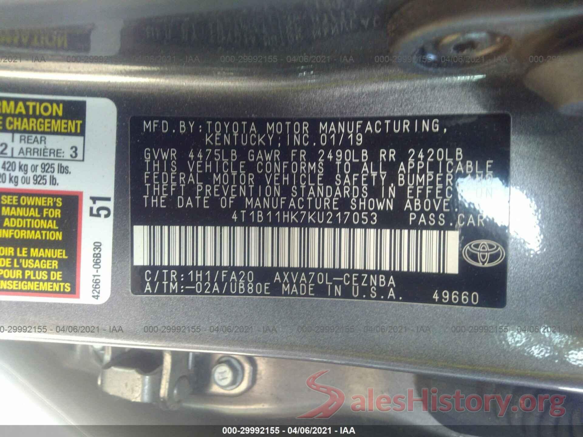 4T1B11HK7KU217053 2019 TOYOTA CAMRY