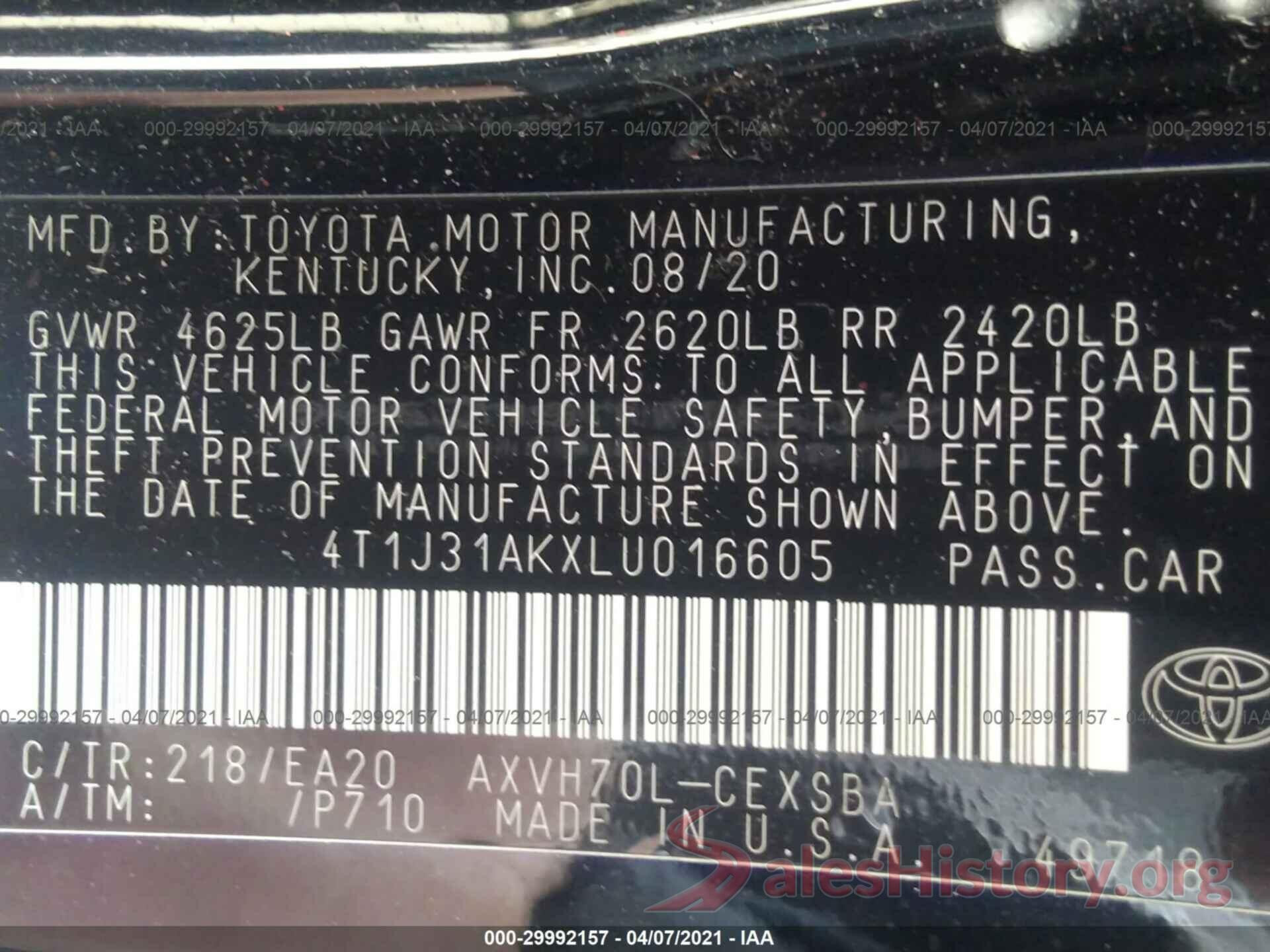 4T1J31AKXLU016605 2020 TOYOTA CAMRY