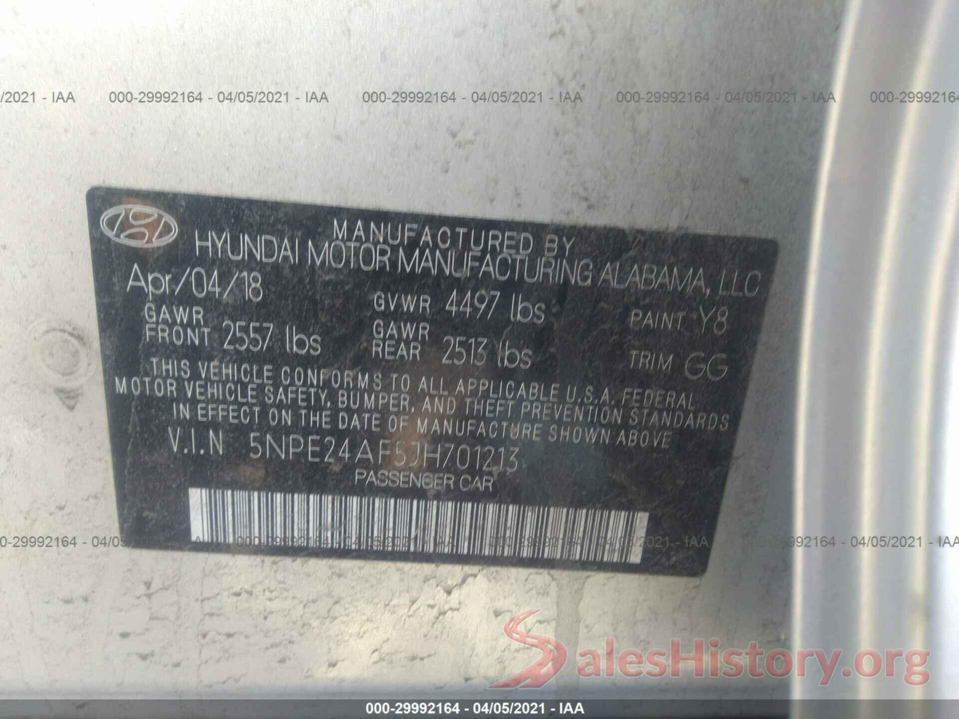 5NPE24AF5JH701213 2018 HYUNDAI SONATA