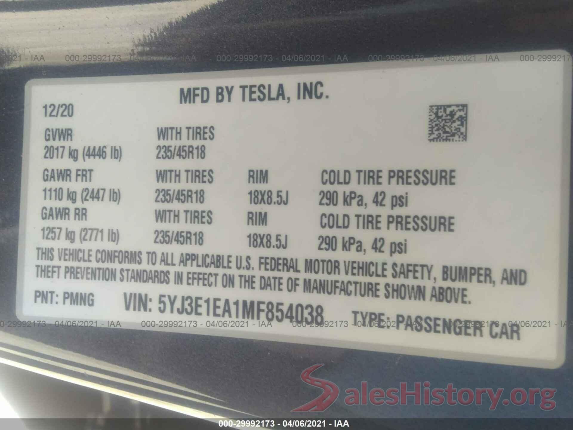 5YJ3E1EA1MF854038 2021 TESLA MODEL 3