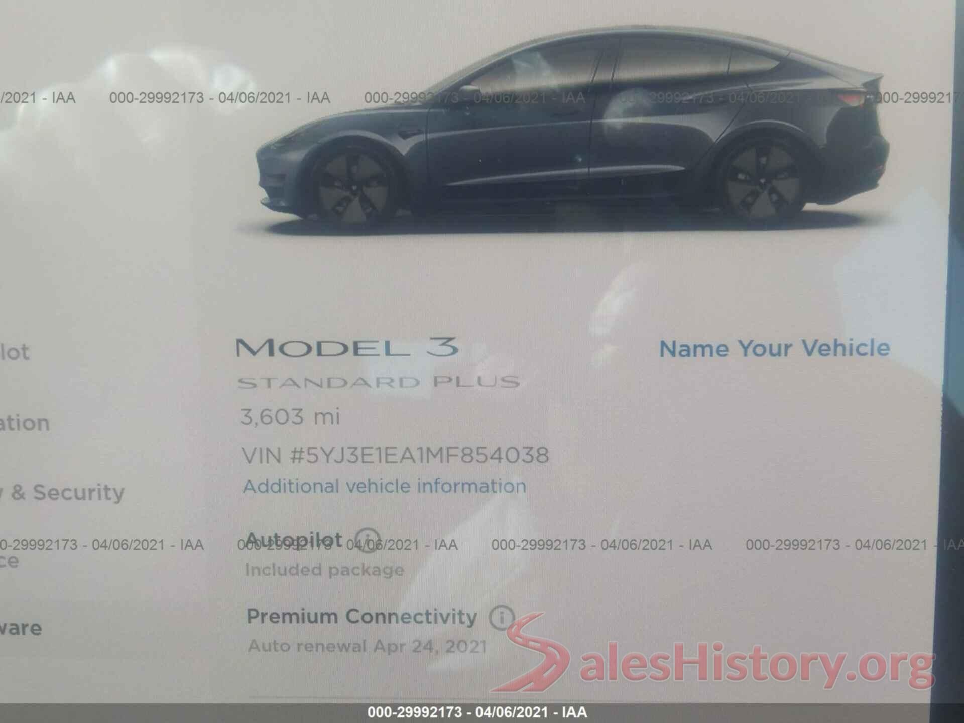 5YJ3E1EA1MF854038 2021 TESLA MODEL 3