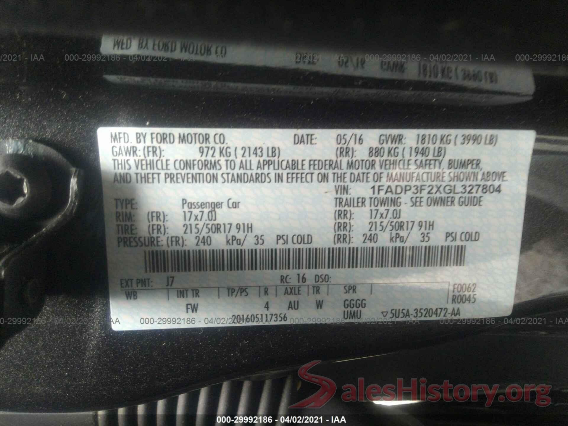 1FADP3F2XGL327804 2016 FORD FOCUS