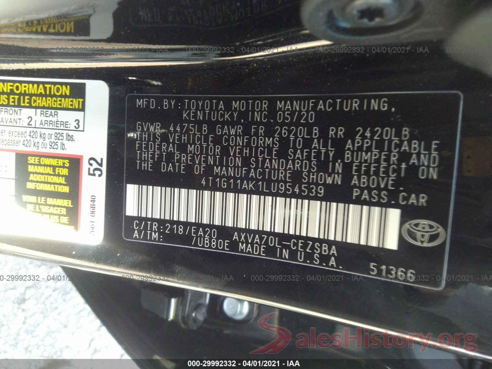 4T1G11AK1LU954539 2020 TOYOTA CAMRY