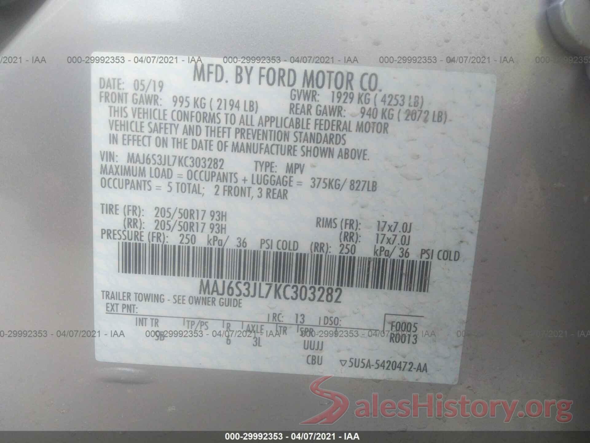 MAJ6S3JL7KC303282 2019 FORD ECOSPORT