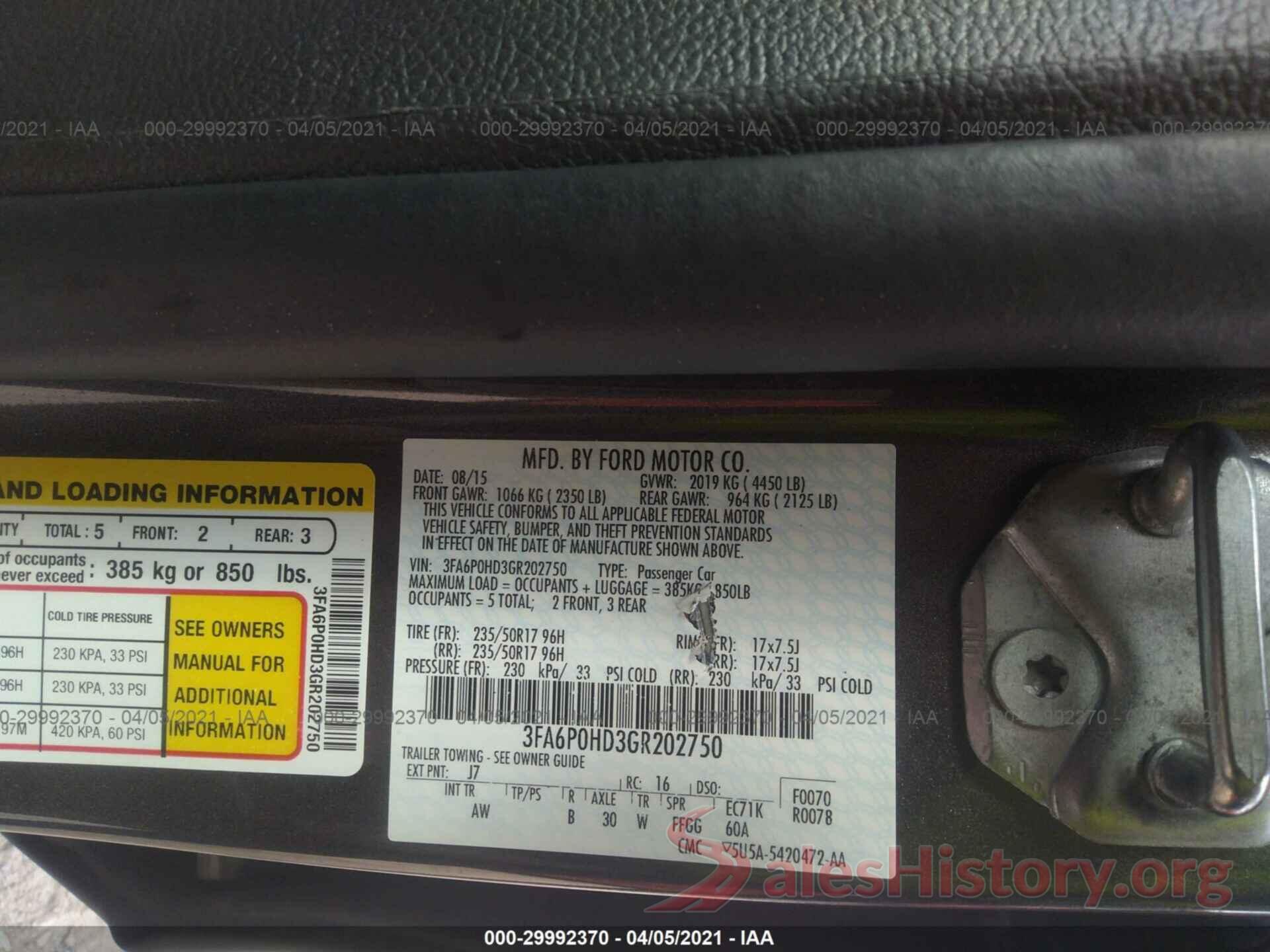 3FA6P0HD3GR202750 2016 FORD FUSION