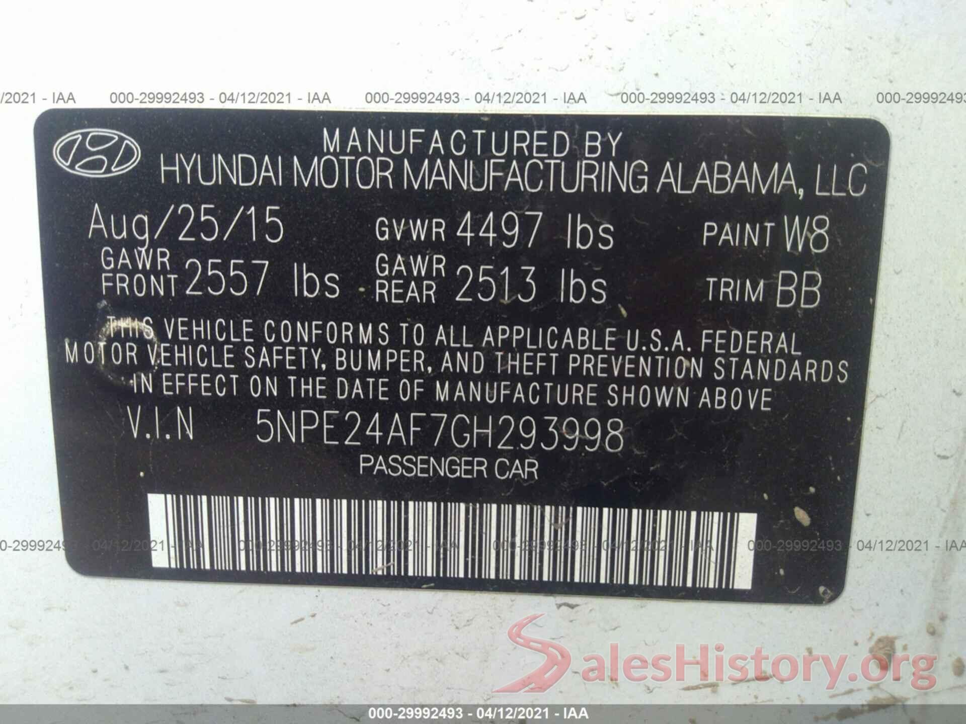 5NPE24AF7GH293998 2016 HYUNDAI SONATA