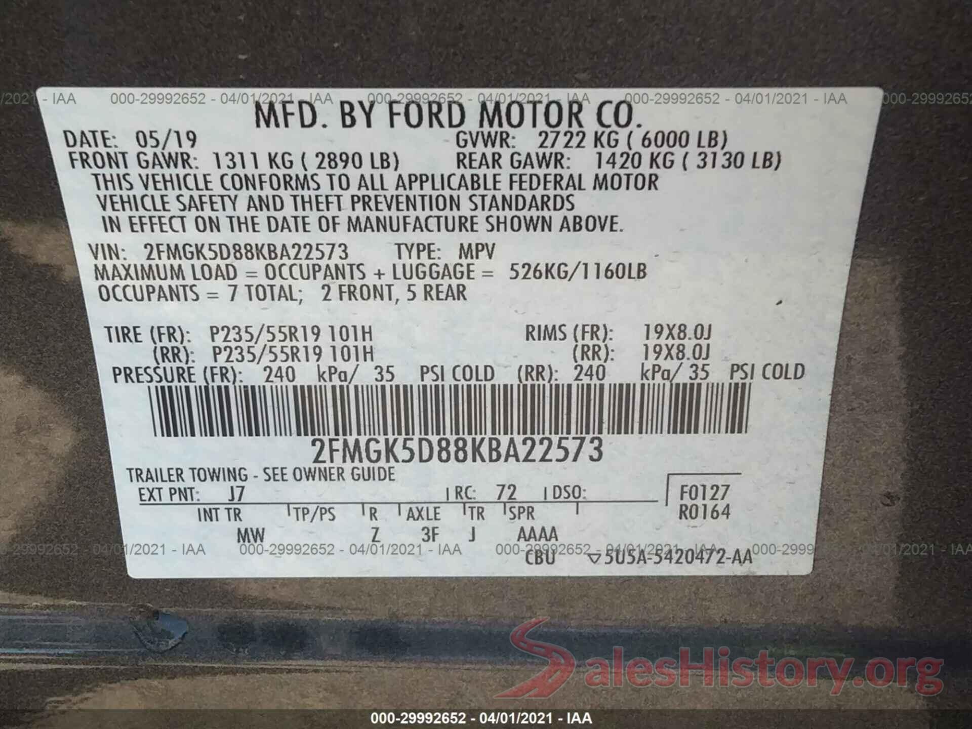 2FMGK5D88KBA22573 2019 FORD FLEX