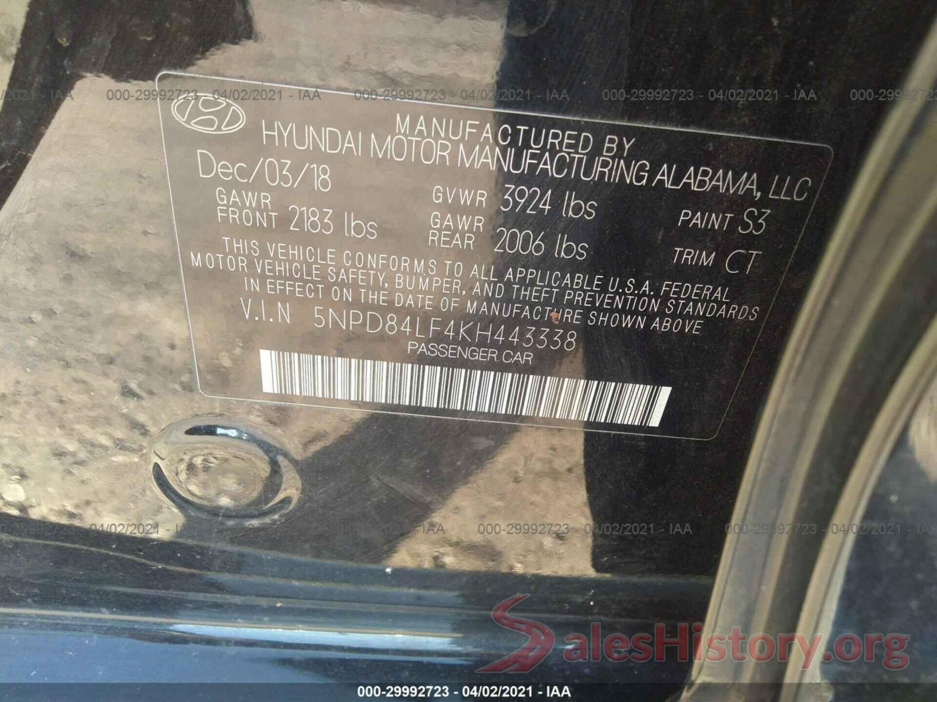 5NPD84LF4KH443338 2019 HYUNDAI ELANTRA