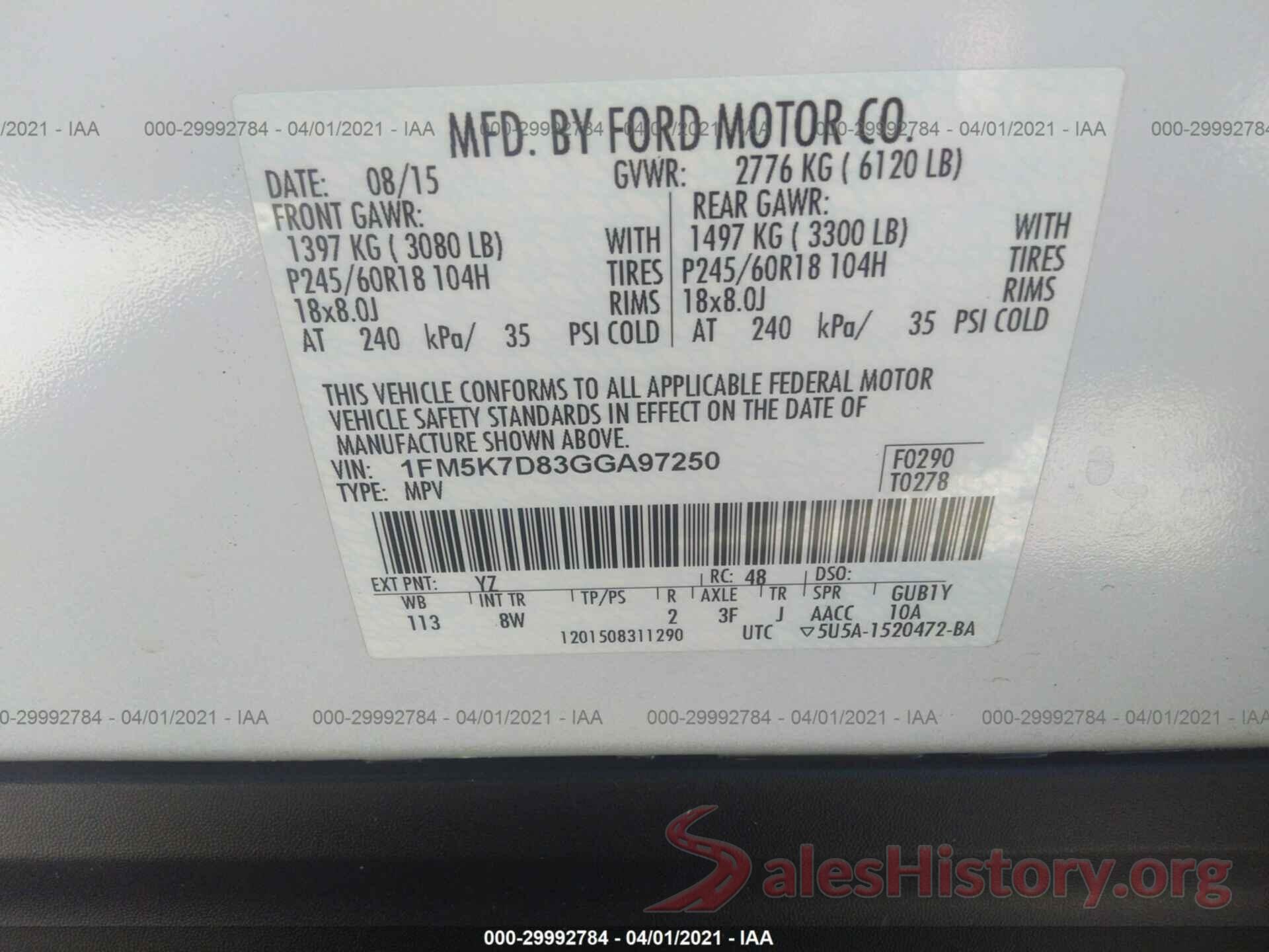 1FM5K7D83GGA97250 2016 FORD EXPLORER