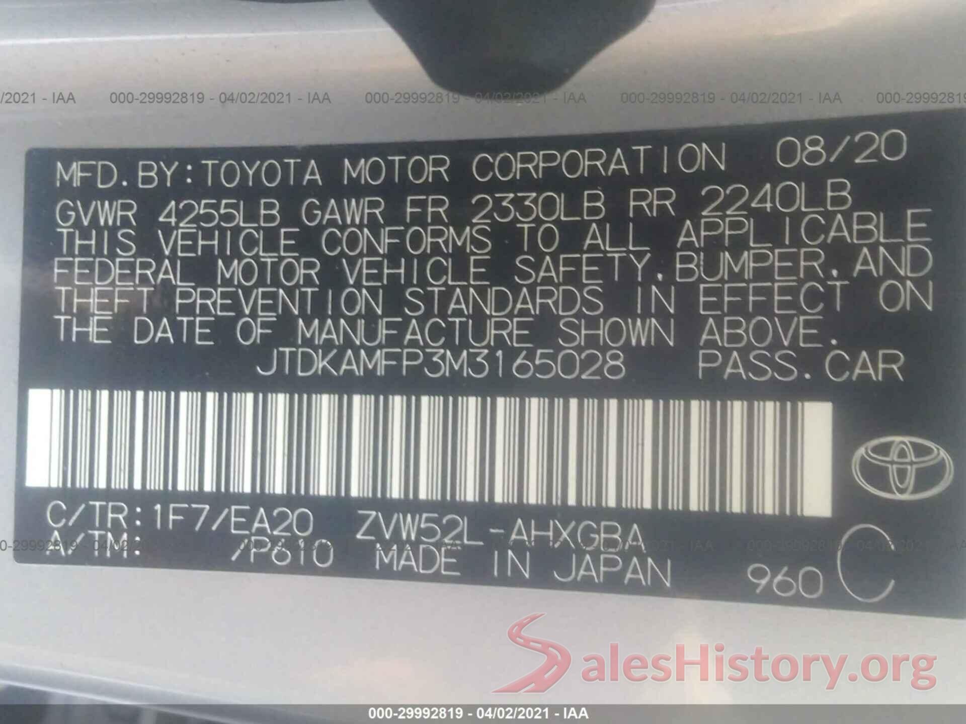 JTDKAMFP3M3165028 2021 TOYOTA PRIUS PRIME