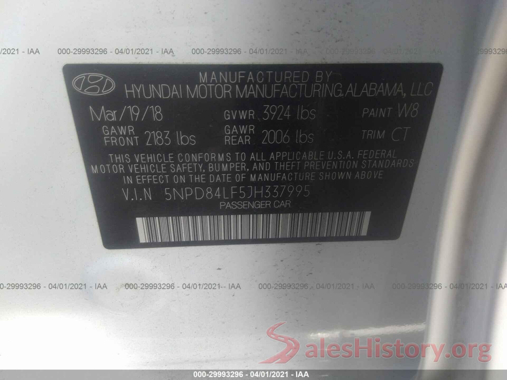 5NPD84LF5JH337995 2018 HYUNDAI ELANTRA