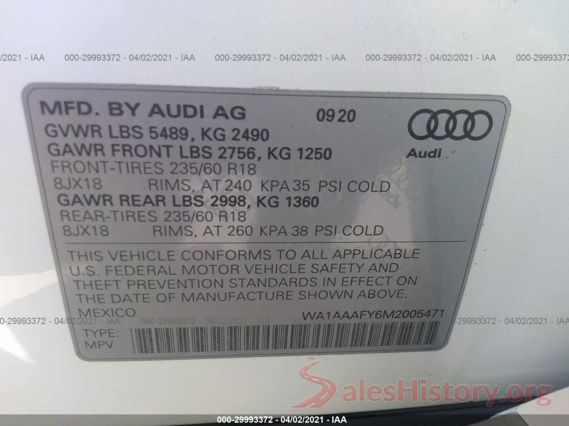 WA1AAAFY6M2005471 2021 AUDI Q5