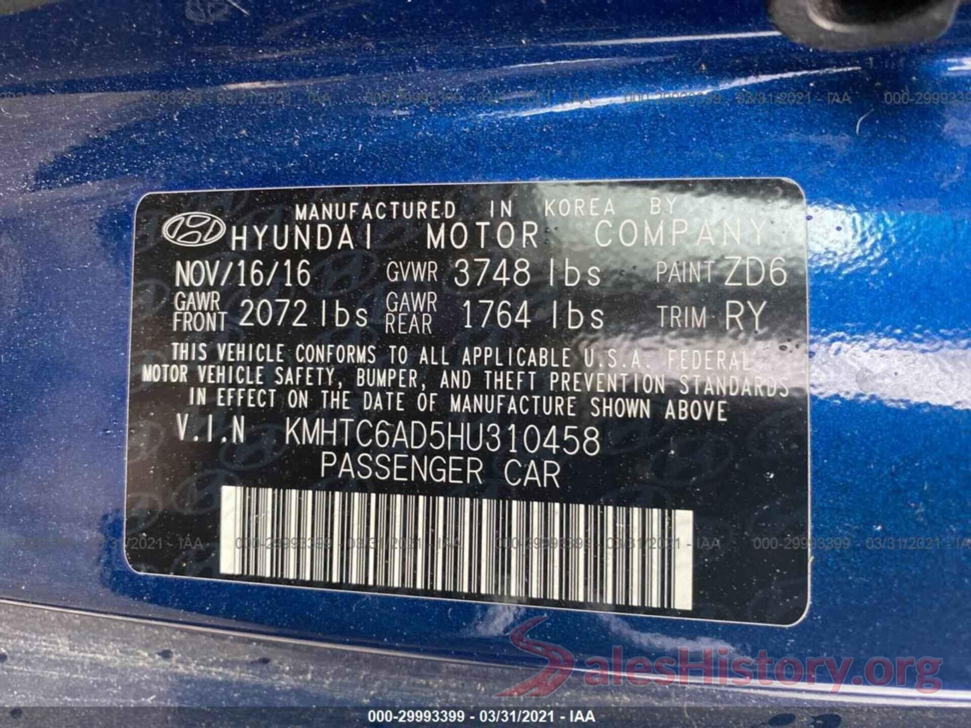 KMHTC6AD5HU310458 2017 HYUNDAI VELOSTER