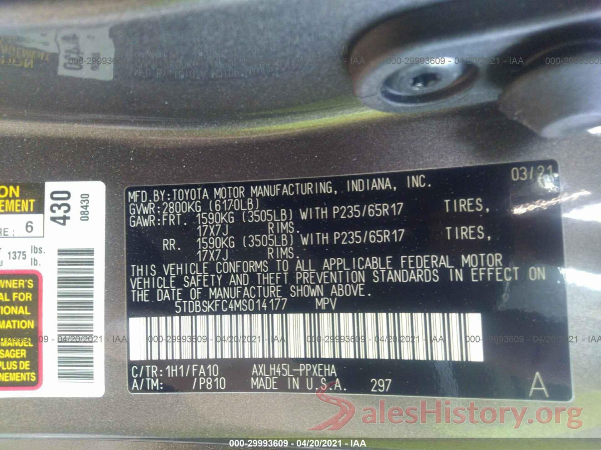 5TDBSKFC4MS014177 2021 TOYOTA SIENNA