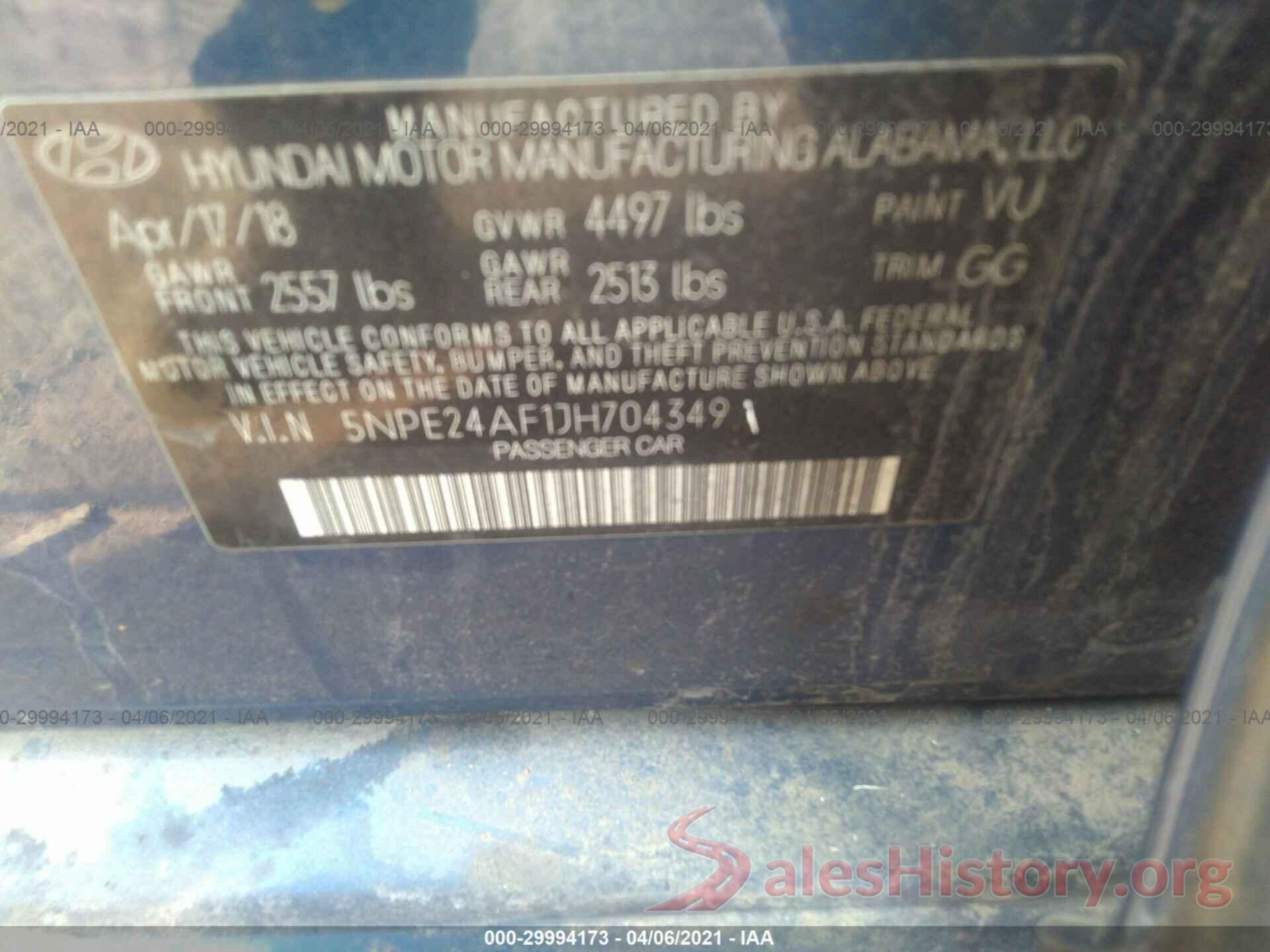 5NPE24AF1JH704349 2018 HYUNDAI SONATA