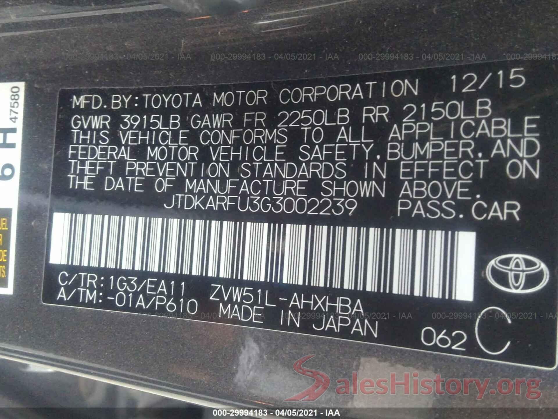 JTDKARFU3G3002239 2016 TOYOTA PRIUS