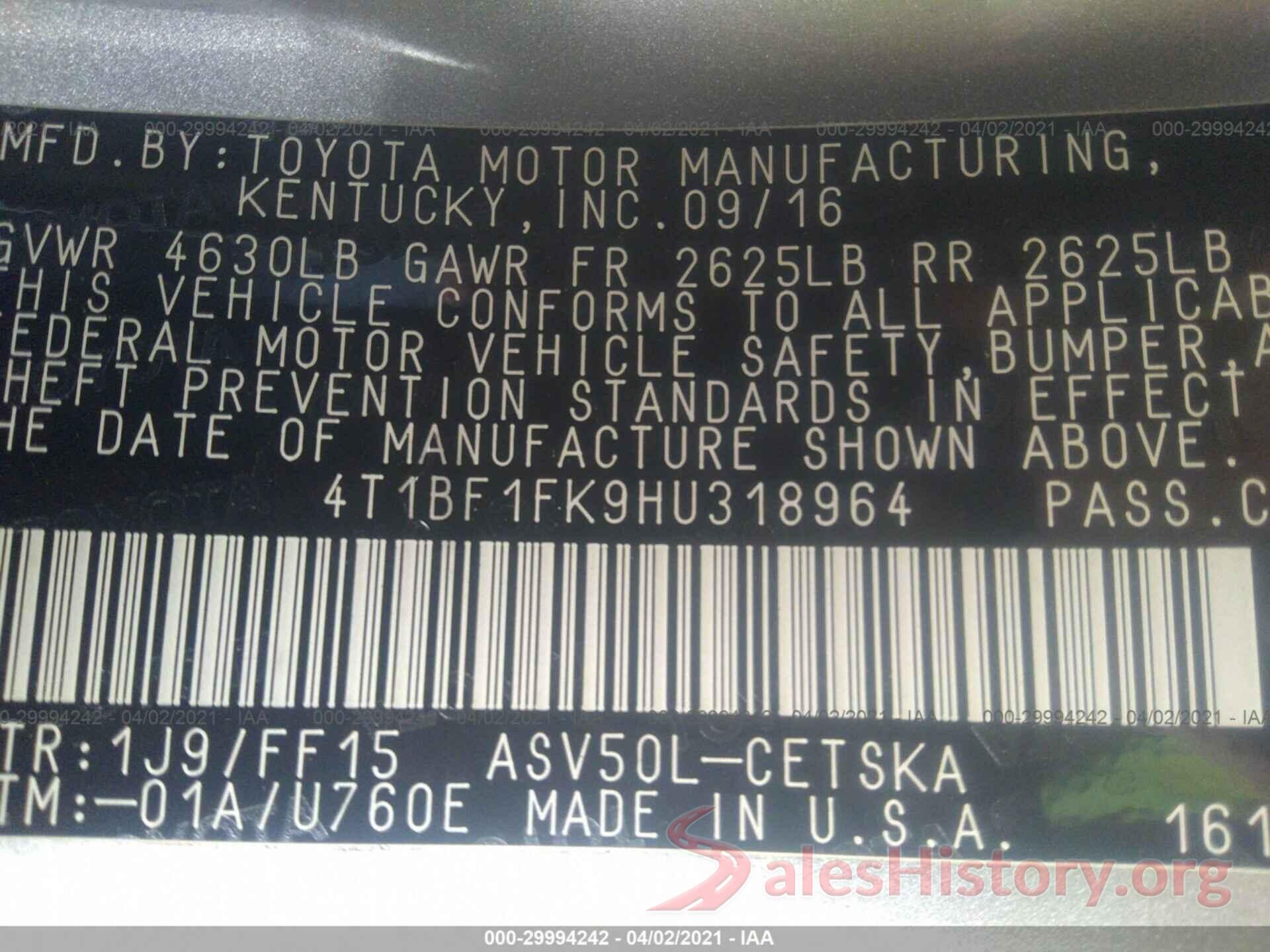 4T1BF1FK9HU318964 2017 TOYOTA CAMRY