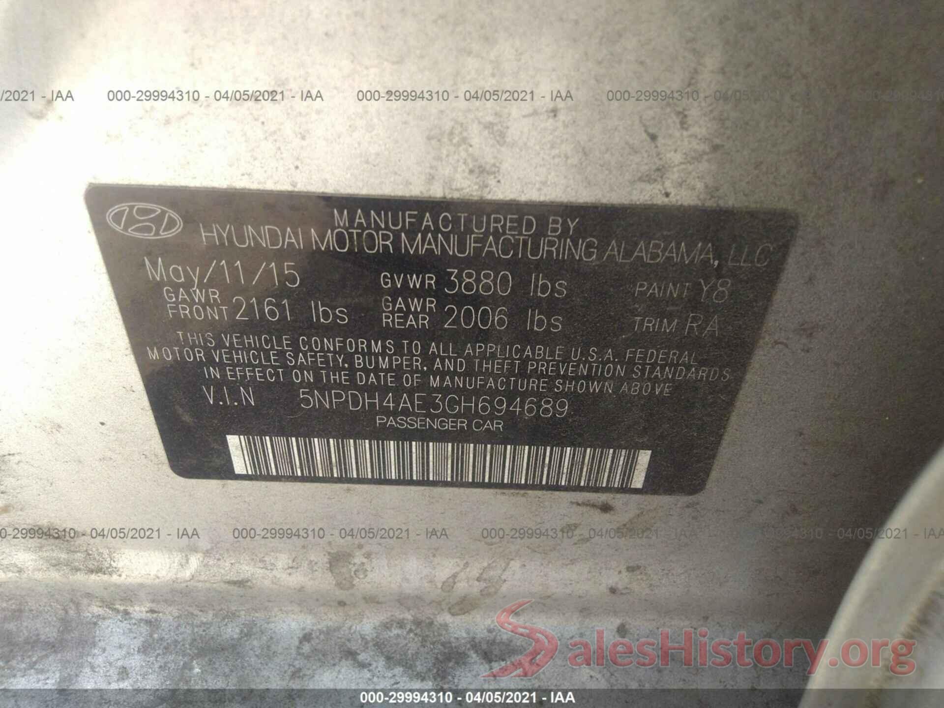 5NPDH4AE3GH694689 2016 HYUNDAI ELANTRA