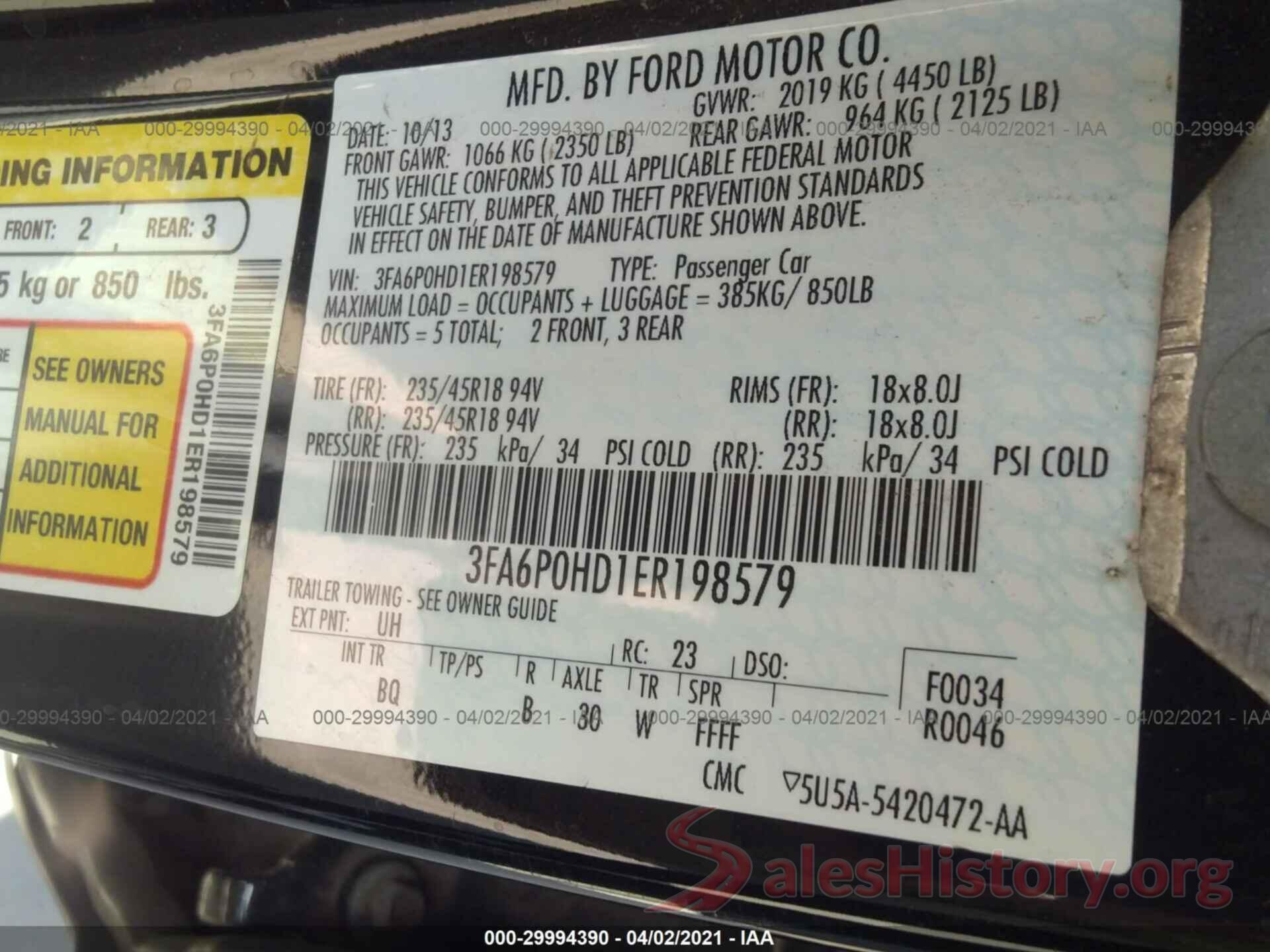 3FA6P0HD1ER198579 2014 FORD FUSION