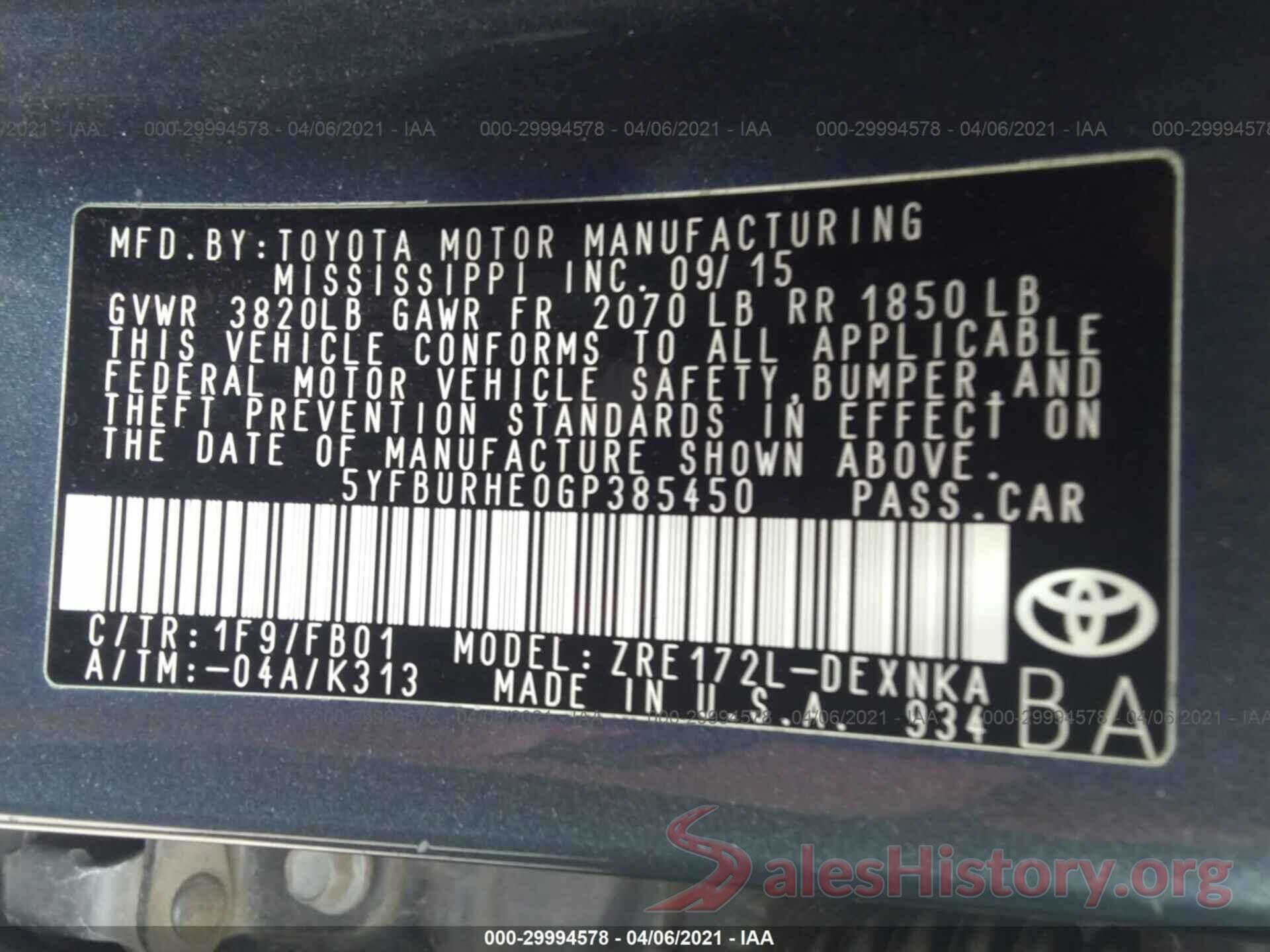 5YFBURHE0GP385450 2016 TOYOTA COROLLA