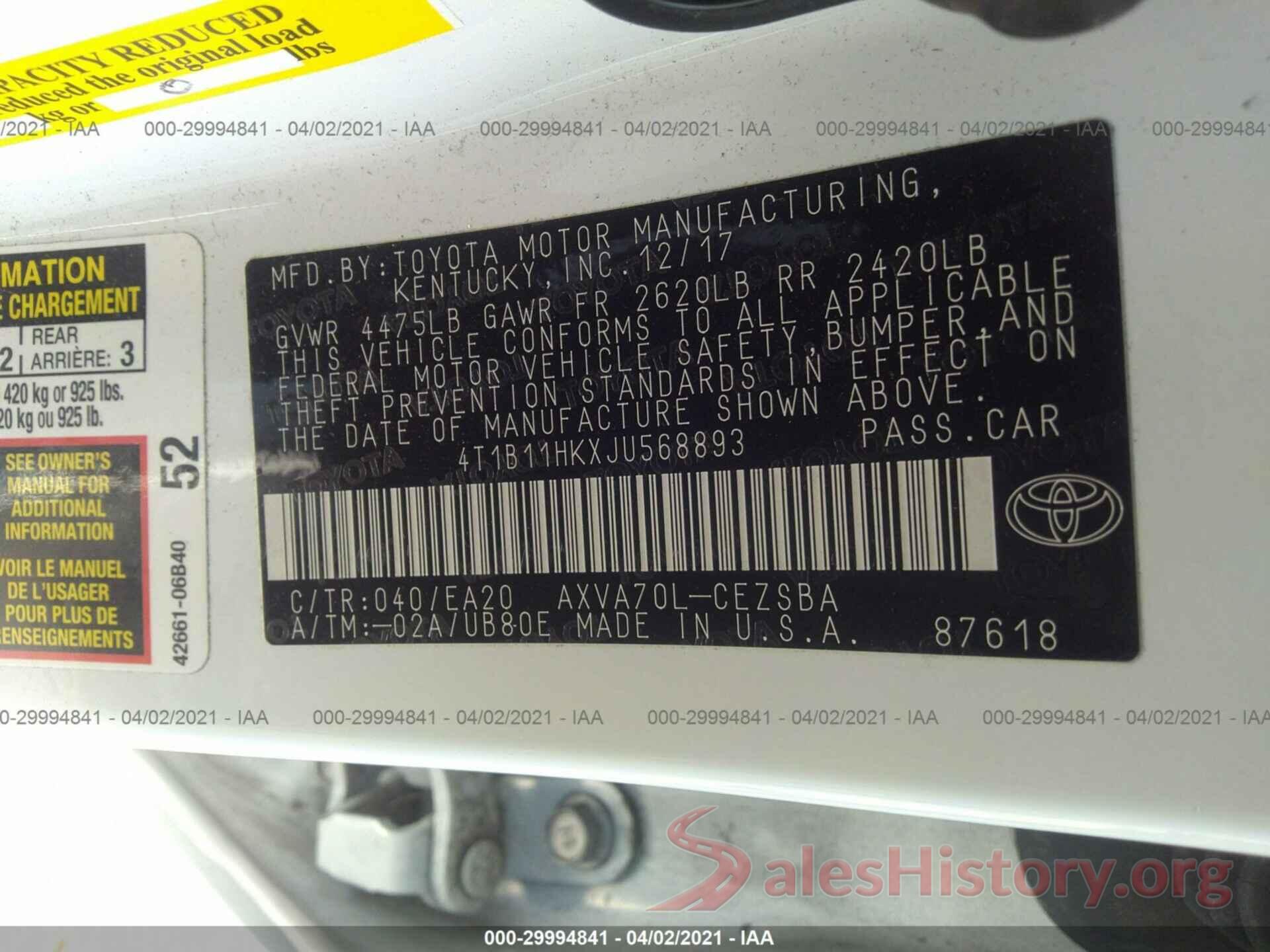 4T1B11HKXJU568893 2018 TOYOTA CAMRY