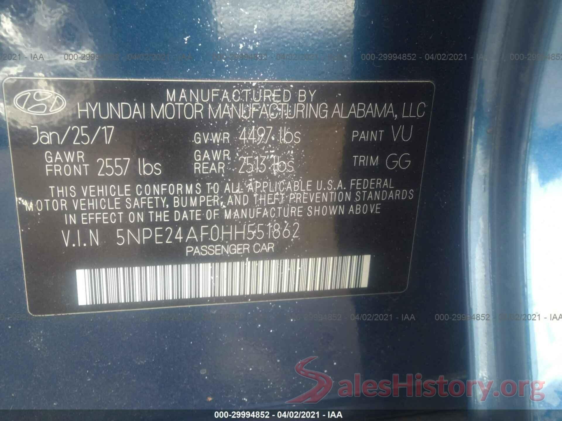 5NPE24AF0HH551862 2017 HYUNDAI SONATA