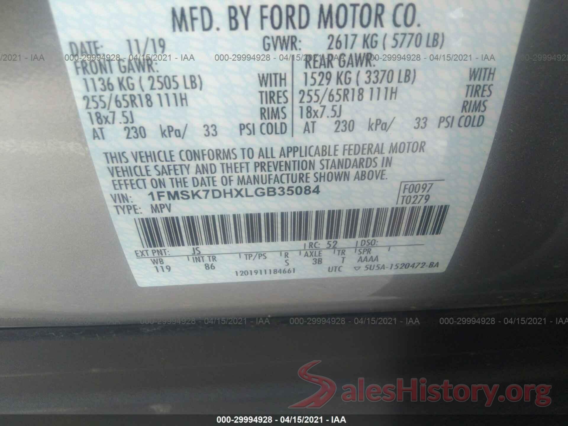 1FMSK7DHXLGB35084 2020 FORD EXPLORER