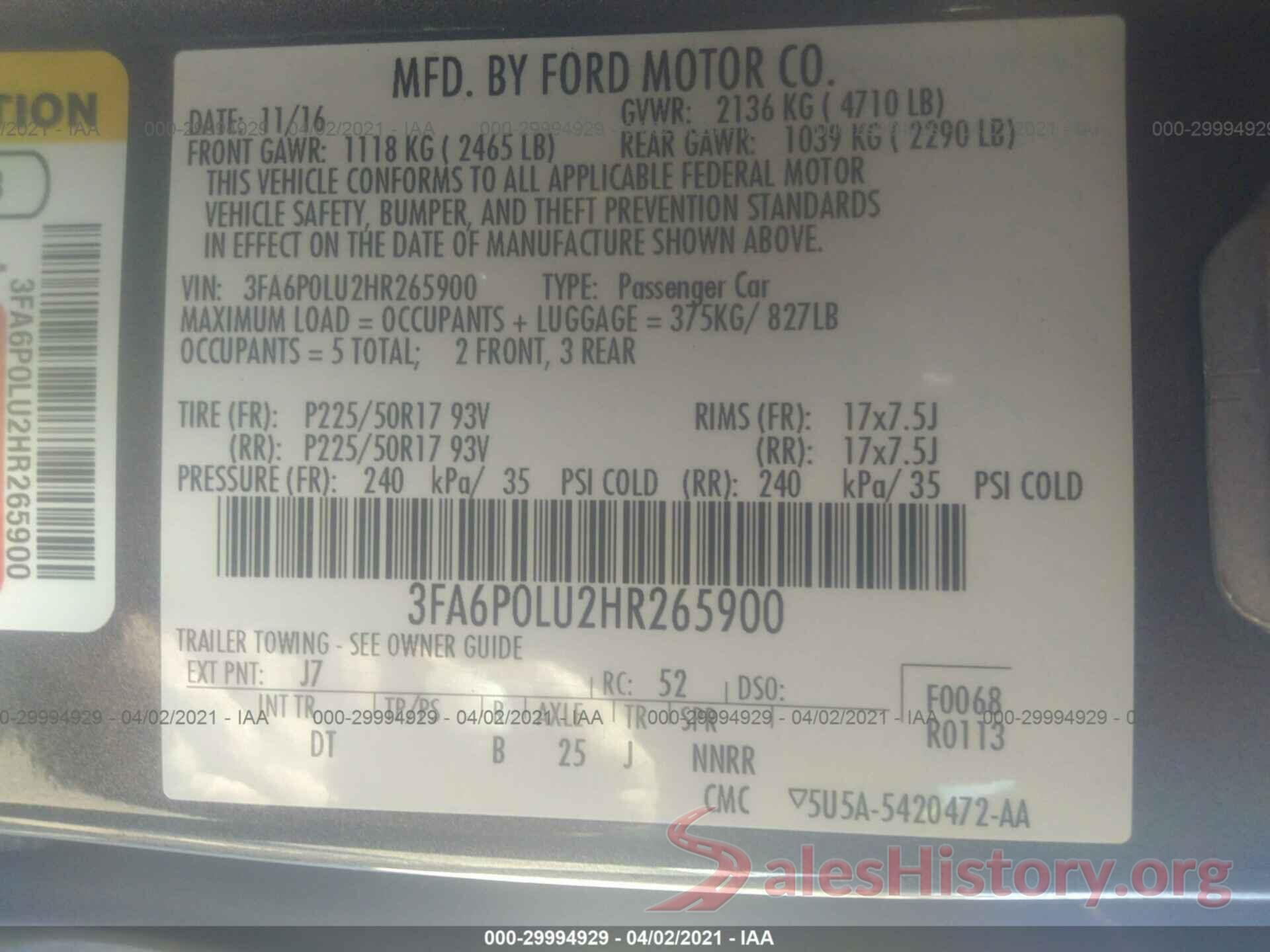 3FA6P0LU2HR265900 2017 FORD FUSION