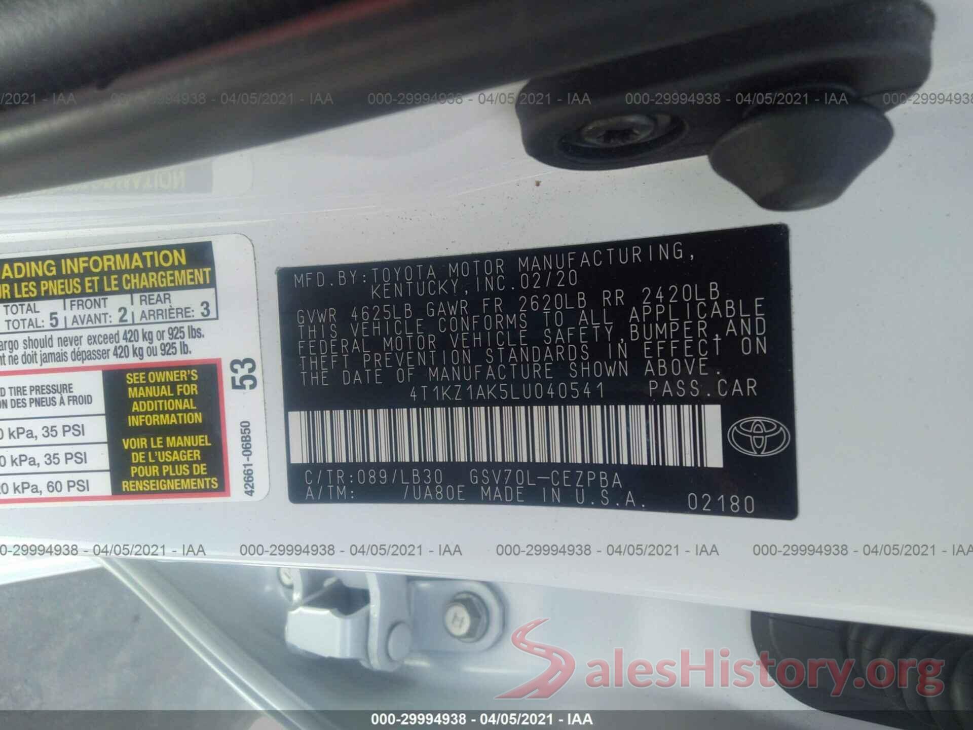 4T1KZ1AK5LU040541 2020 TOYOTA CAMRY