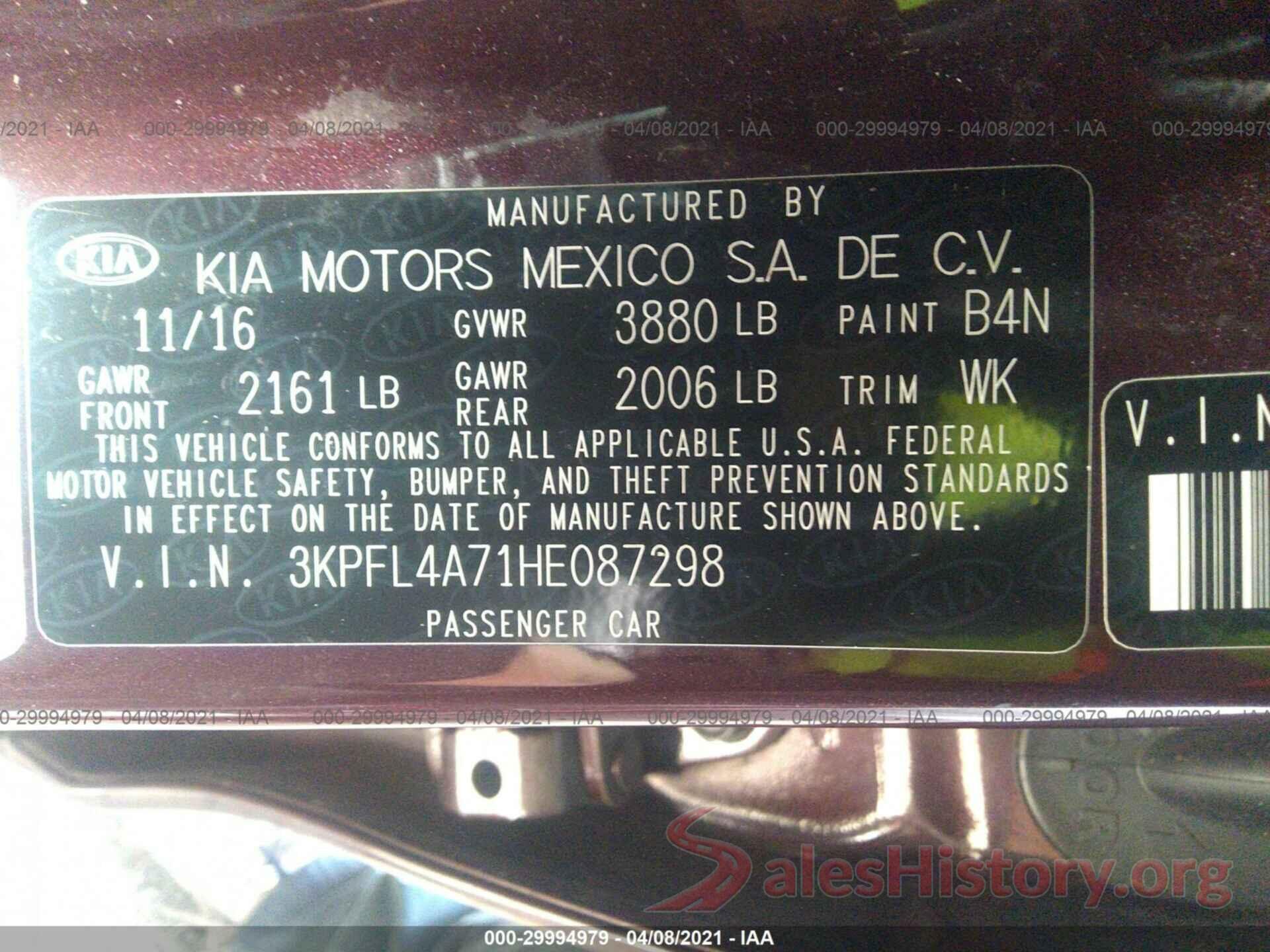 3KPFL4A71HE087298 2017 KIA FORTE