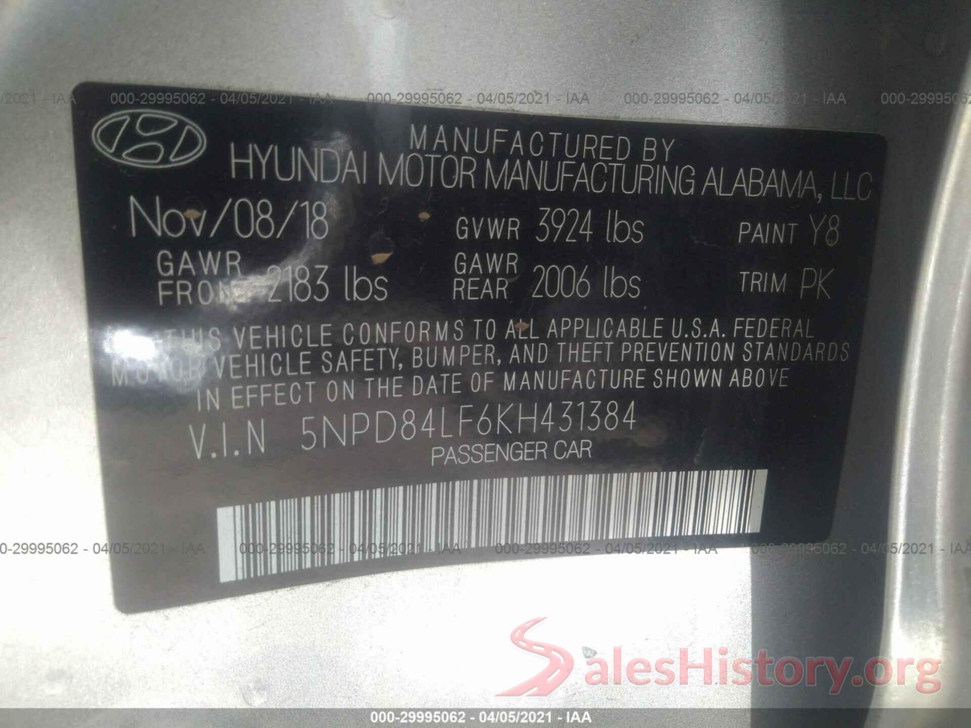 5NPD84LF6KH431384 2019 HYUNDAI ELANTRA