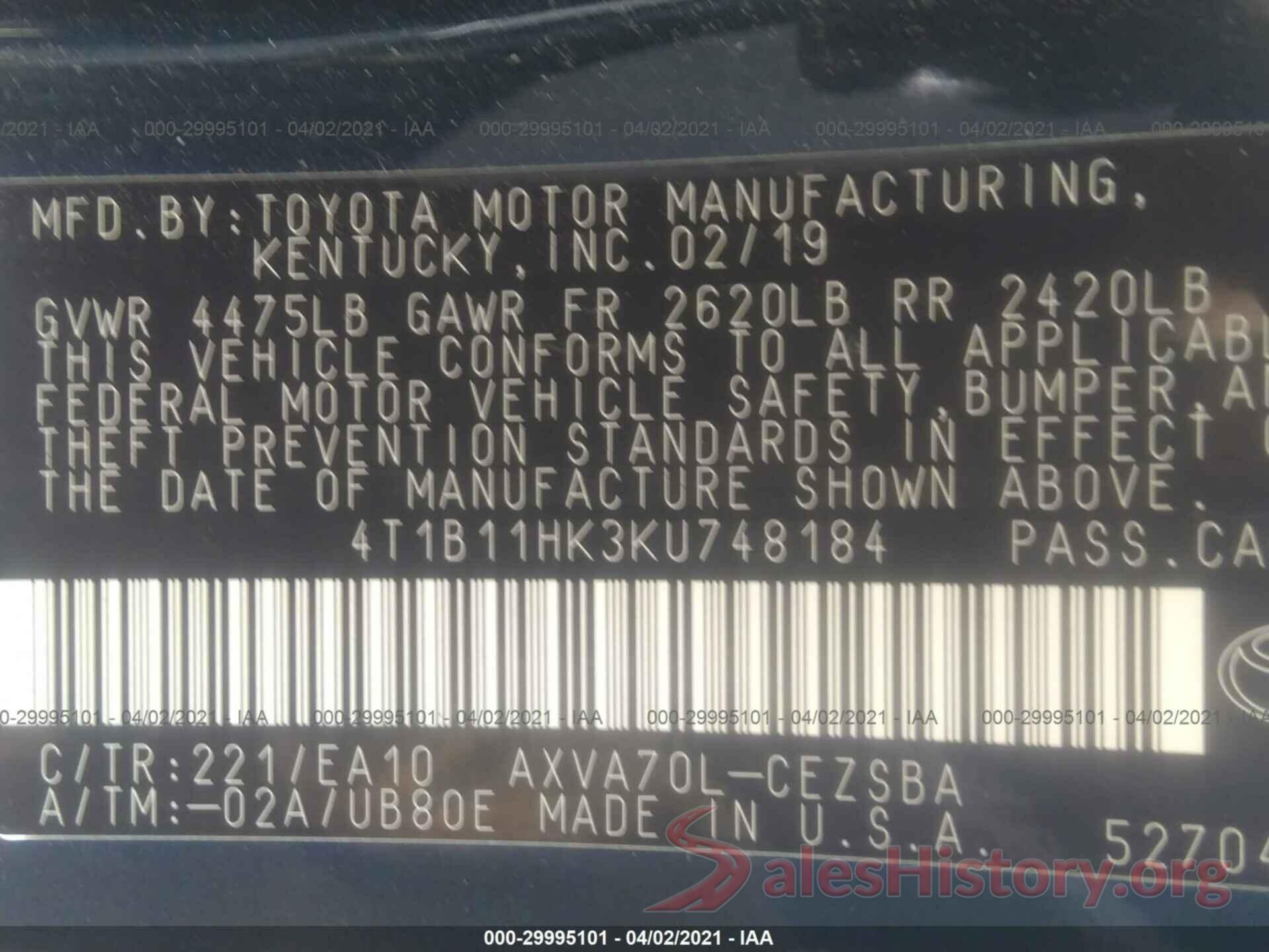 4T1B11HK3KU748184 2019 TOYOTA CAMRY