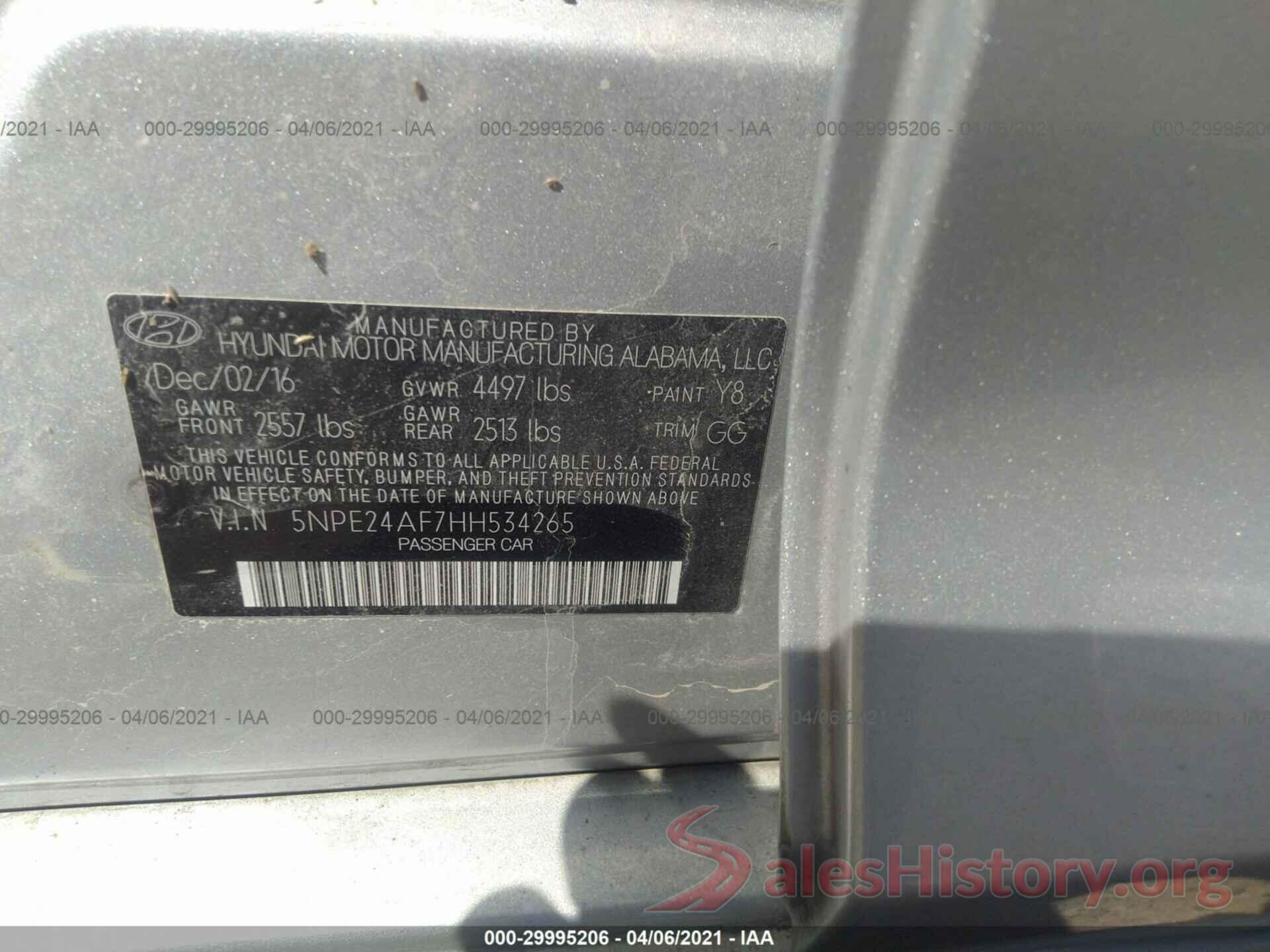 5NPE24AF7HH534265 2017 HYUNDAI SONATA