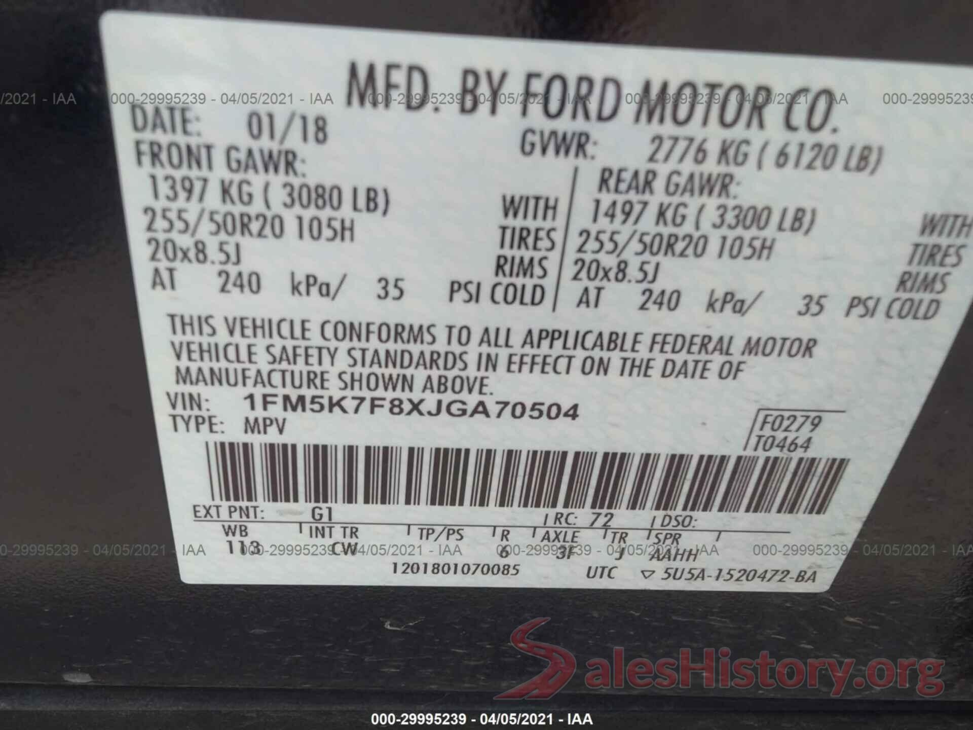 1FM5K7F8XJGA70504 2018 FORD EXPLORER