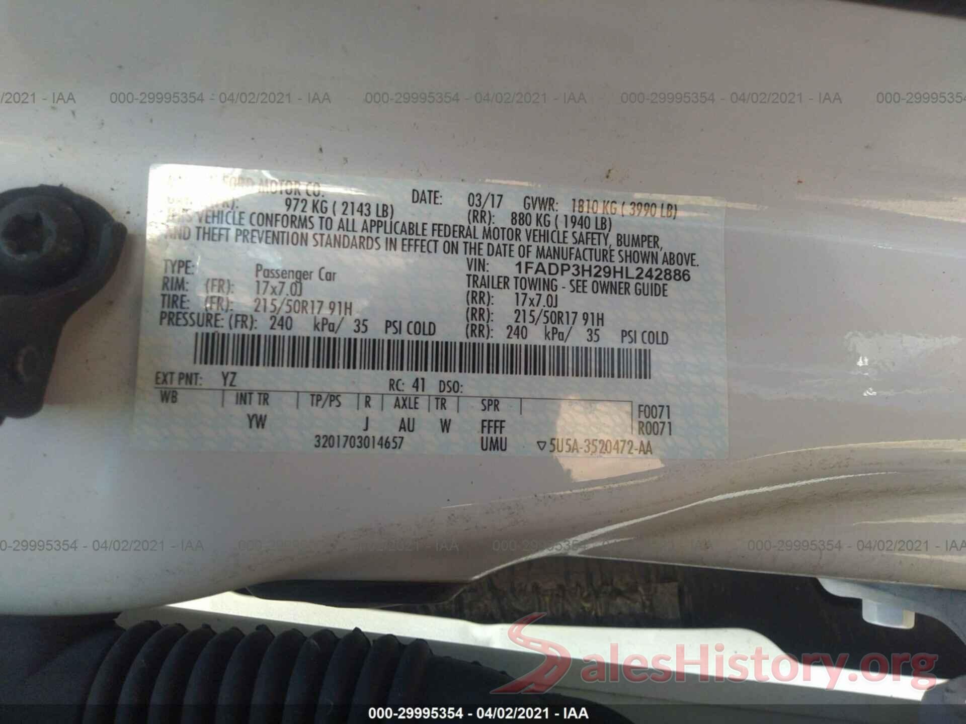 1FADP3H29HL242886 2017 FORD FOCUS