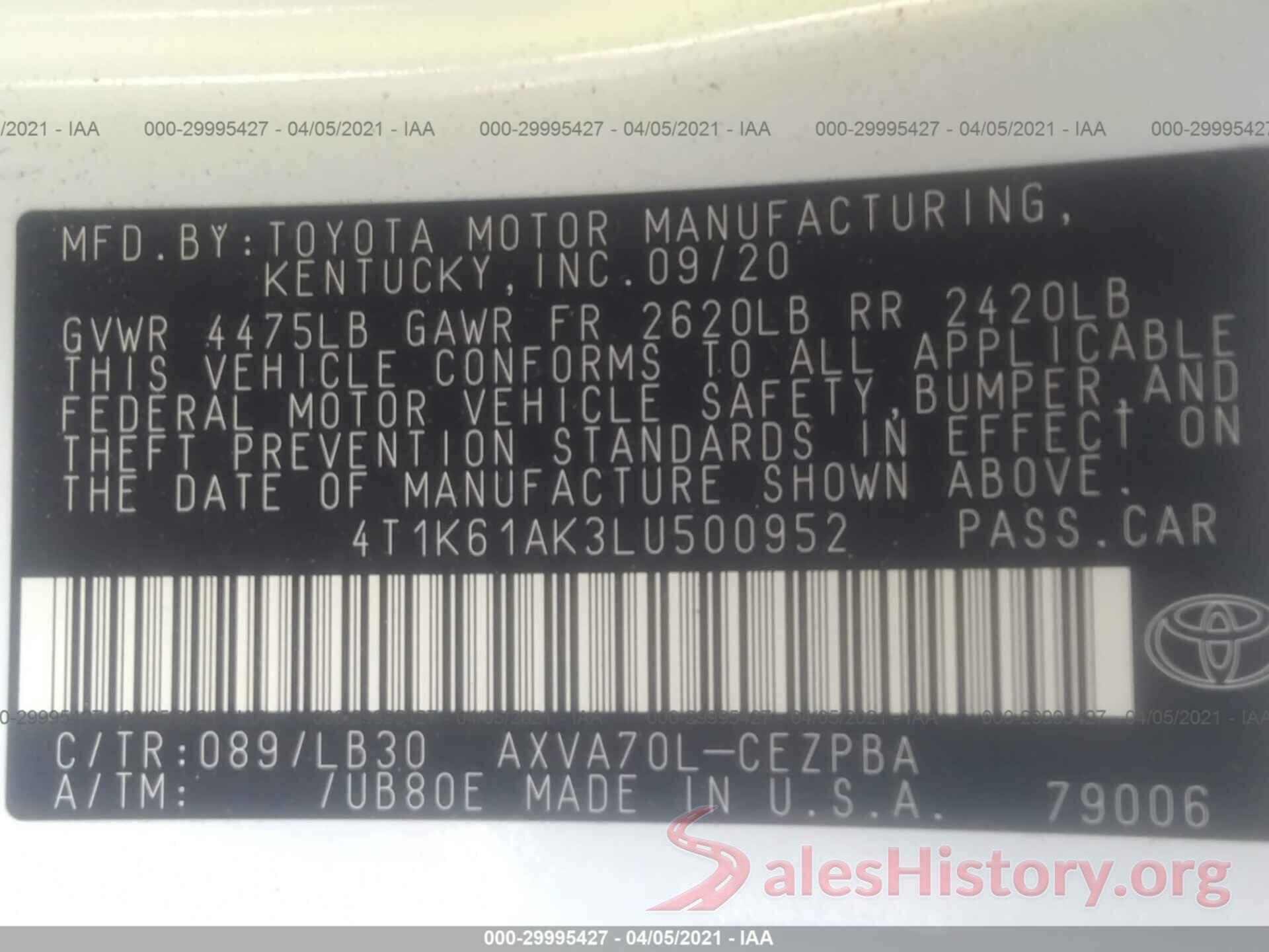 4T1K61AK3LU500952 2020 TOYOTA CAMRY