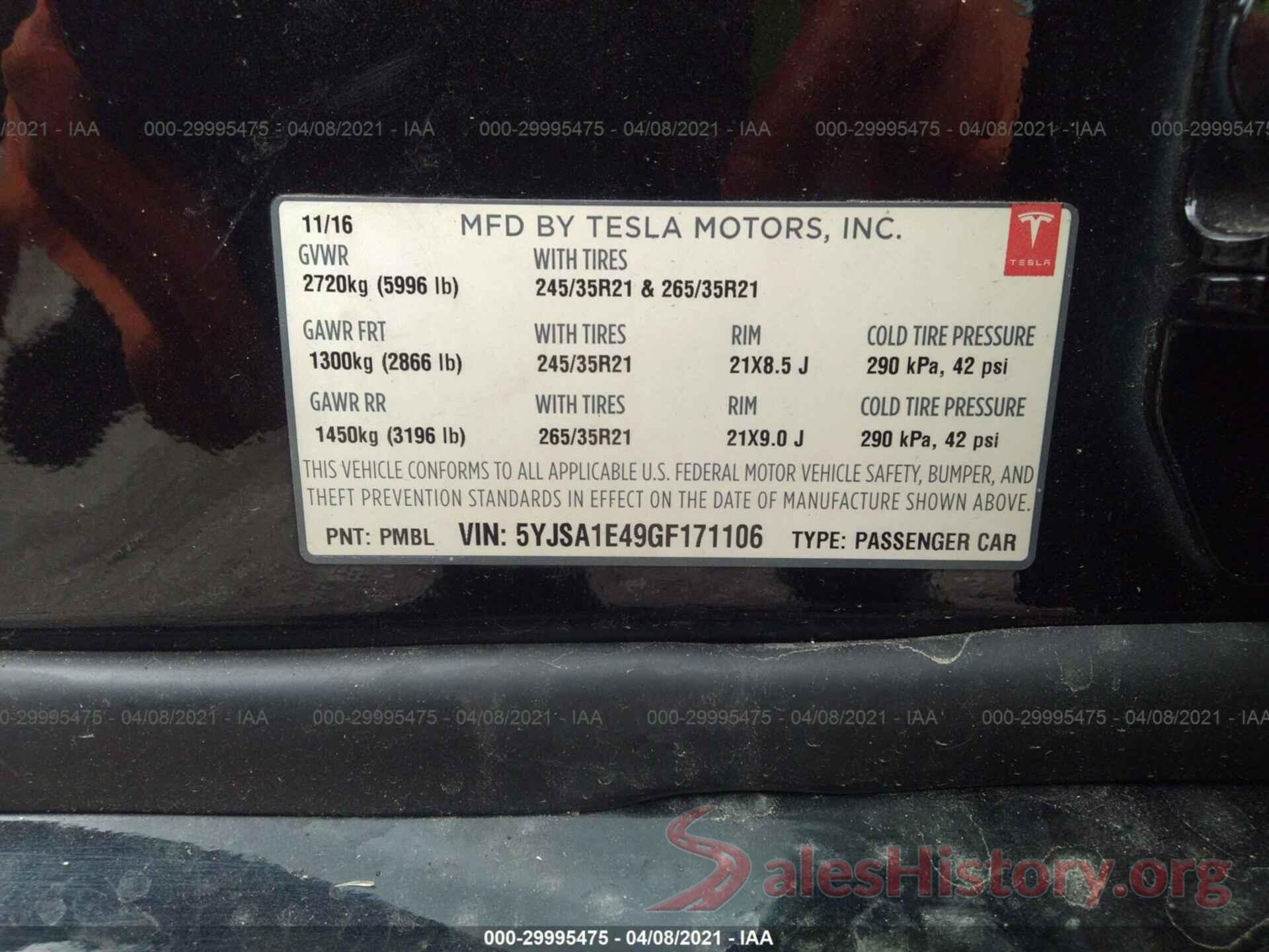 5YJSA1E49GF171106 2016 TESLA MODEL S