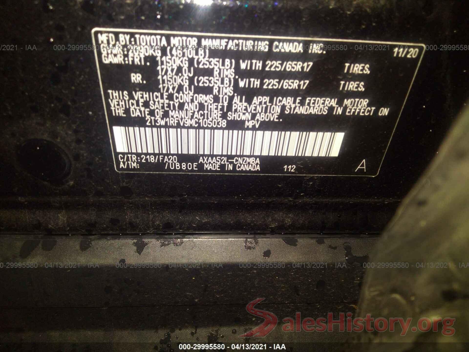 2T3W1RFV9MC105038 2021 TOYOTA RAV4