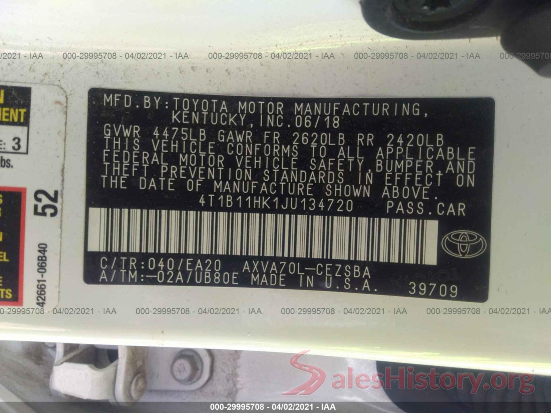 4T1B11HK1JU134720 2018 TOYOTA CAMRY