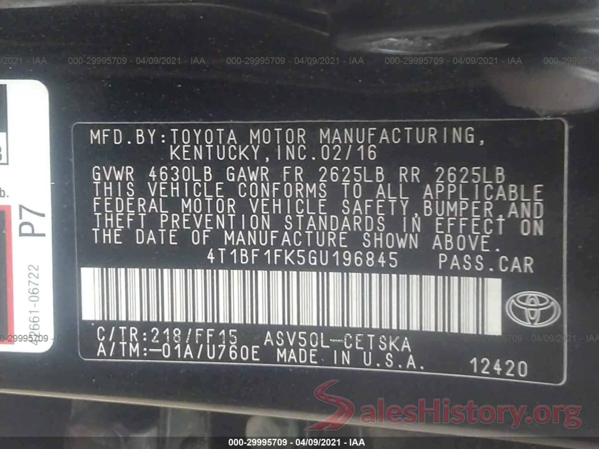 4T1BF1FK5GU196845 2016 TOYOTA CAMRY