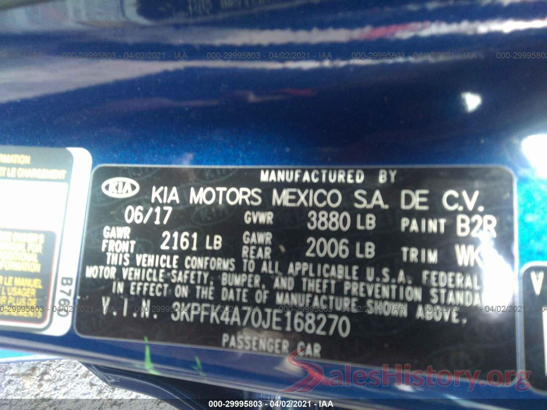 3KPFK4A70JE168270 2018 KIA FORTE