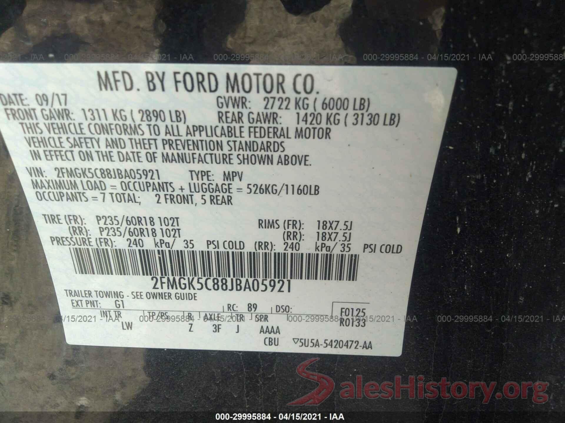 2FMGK5C88JBA05921 2018 FORD FLEX