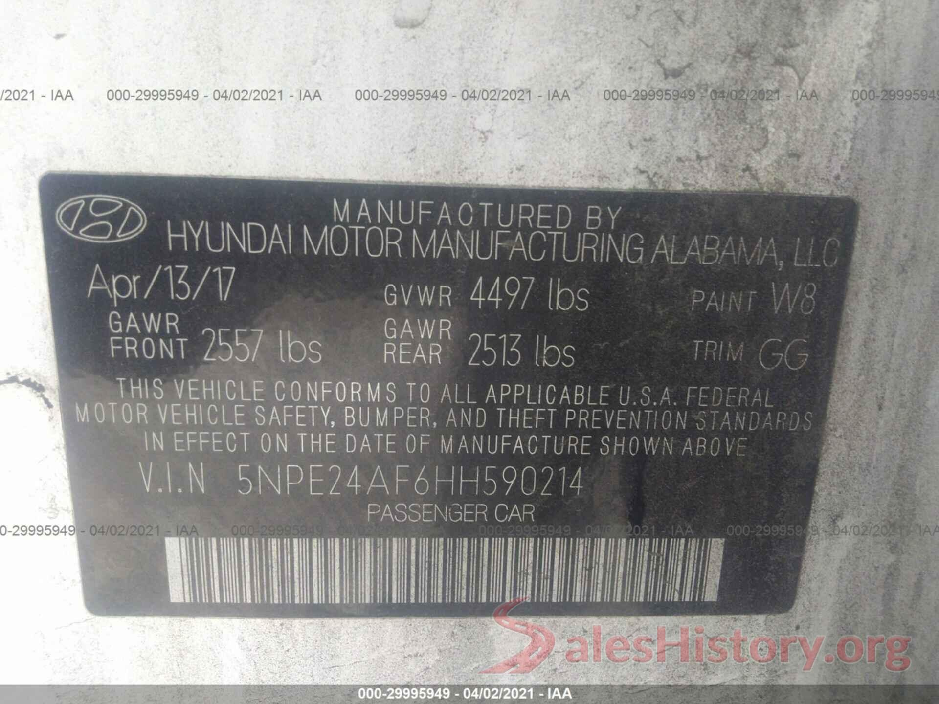 5NPE24AF6HH590214 2017 HYUNDAI SONATA