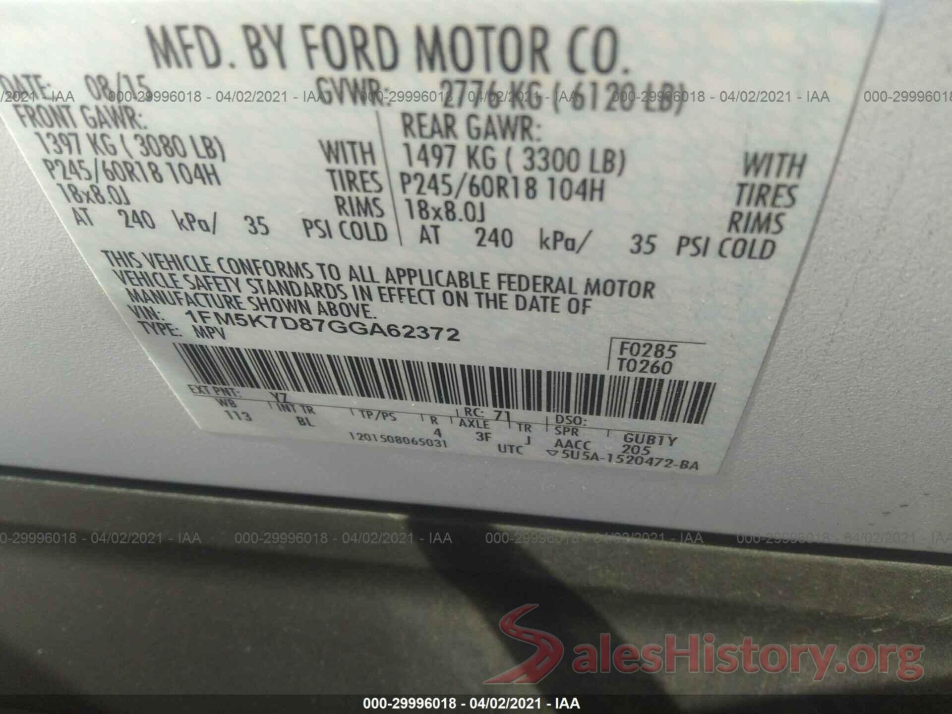 1FM5K7D87GGA62372 2016 FORD EXPLORER